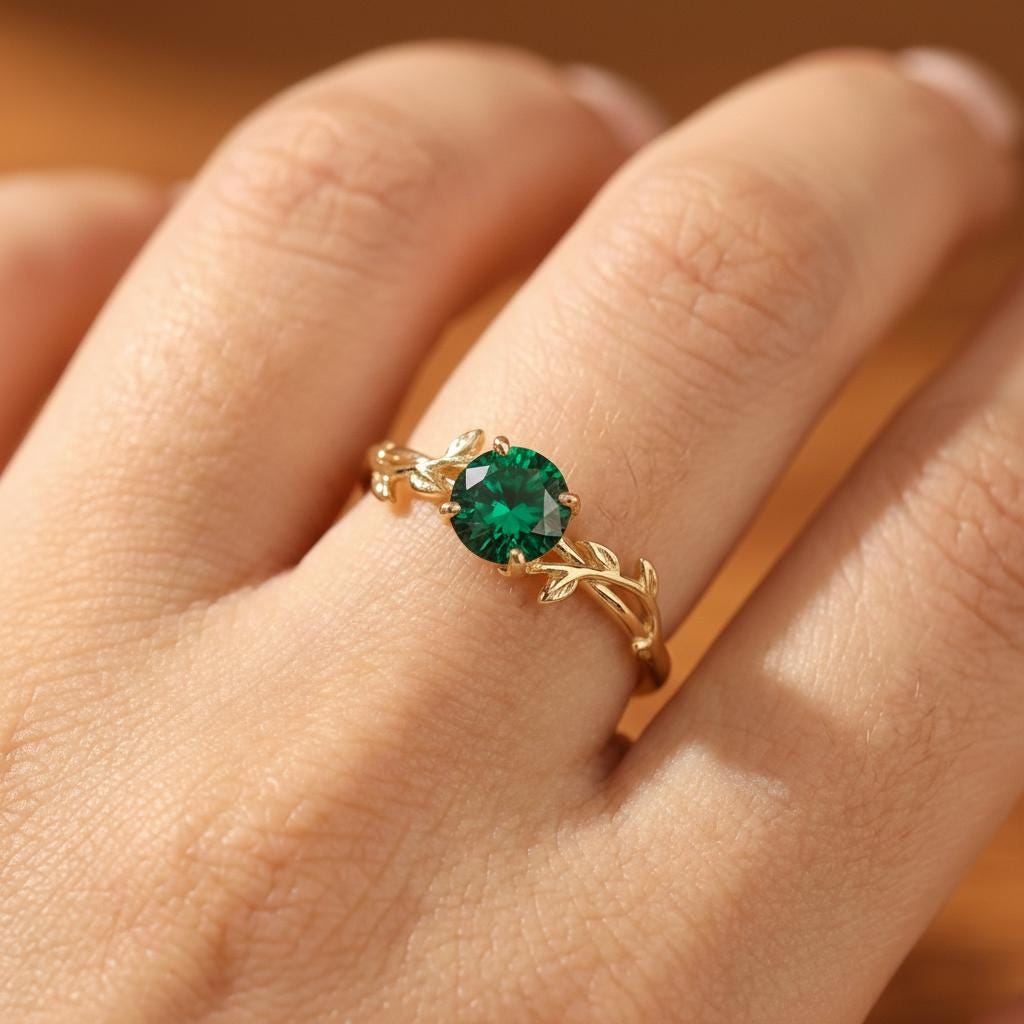 0.8ct Round Emerald Ring, May Birthstone Promise Ring, Nature Inspired Vine Ring, Vintage Stackable Gemstone Ring for Her