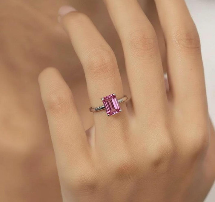 2ct Emerald Cut Lab Padparadscha Sapphire Ring Gold Push Present