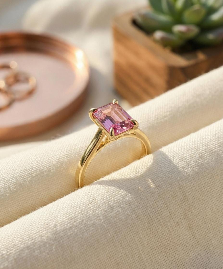 2ct Emerald Cut Lab Padparadscha Sapphire Ring Gold Push Present