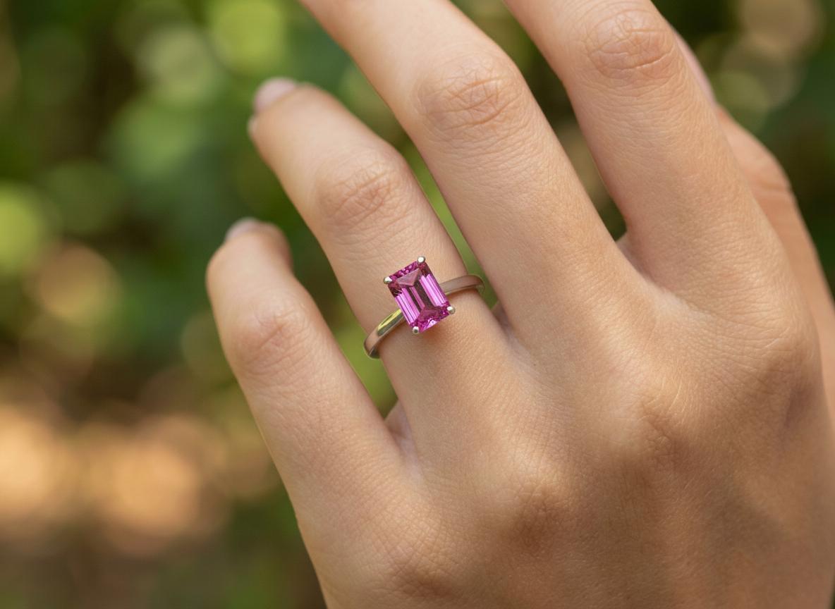 2ct Emerald Cut Lab Padparadscha Sapphire Ring Gold Push Present