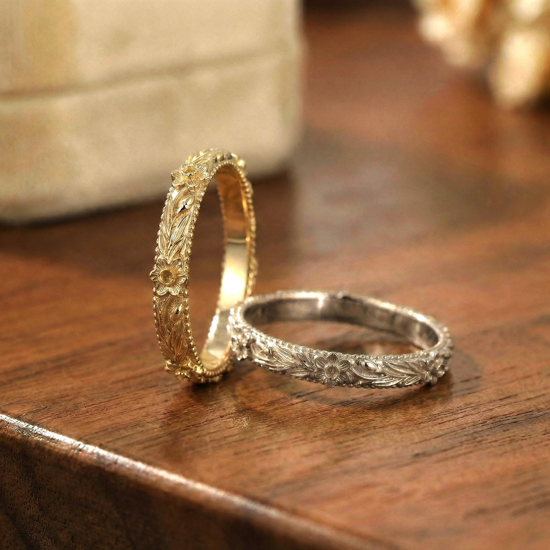 Daffodil Floral Wedding Band, Unique Flower 10K/14K/18K Plain Gold Antique Ring, March Birth Flower Band