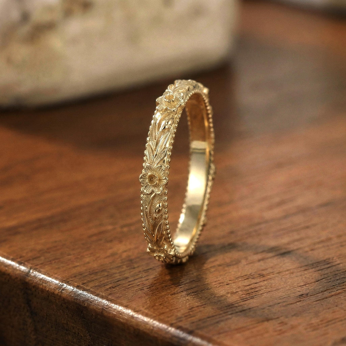 Daffodil Floral Wedding Band, Unique Flower 10K/14K/18K Plain Gold Antique Ring, March Birth Flower Band