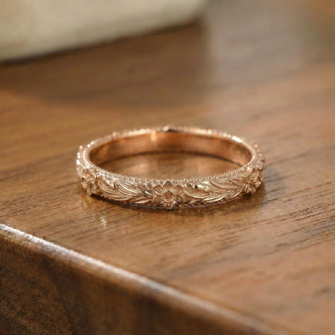 Daffodil Floral Wedding Band, Unique Flower 10K/14K/18K Plain Gold Antique Ring, March Birth Flower Band