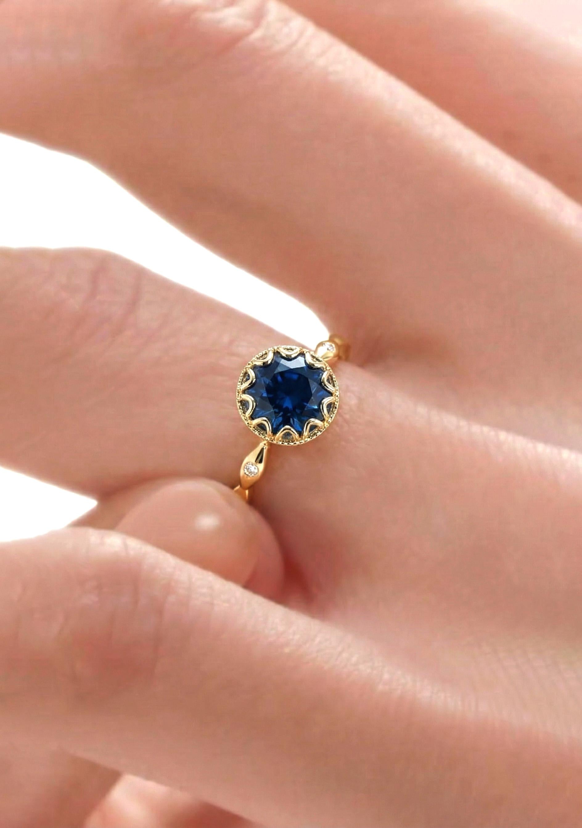Sapphire Vintage Round Cut Ring, Rose Gold Antique Wedding Women's Ring, Art Deco Engagement Ring, September Birthstone Gift