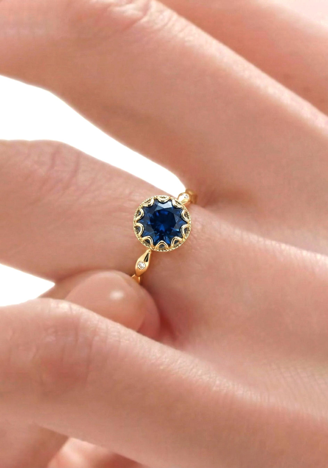 Sapphire Vintage Round Cut Ring, Rose Gold Antique Wedding Women's Ring, Art Deco Engagement Ring, September Birthstone Gift