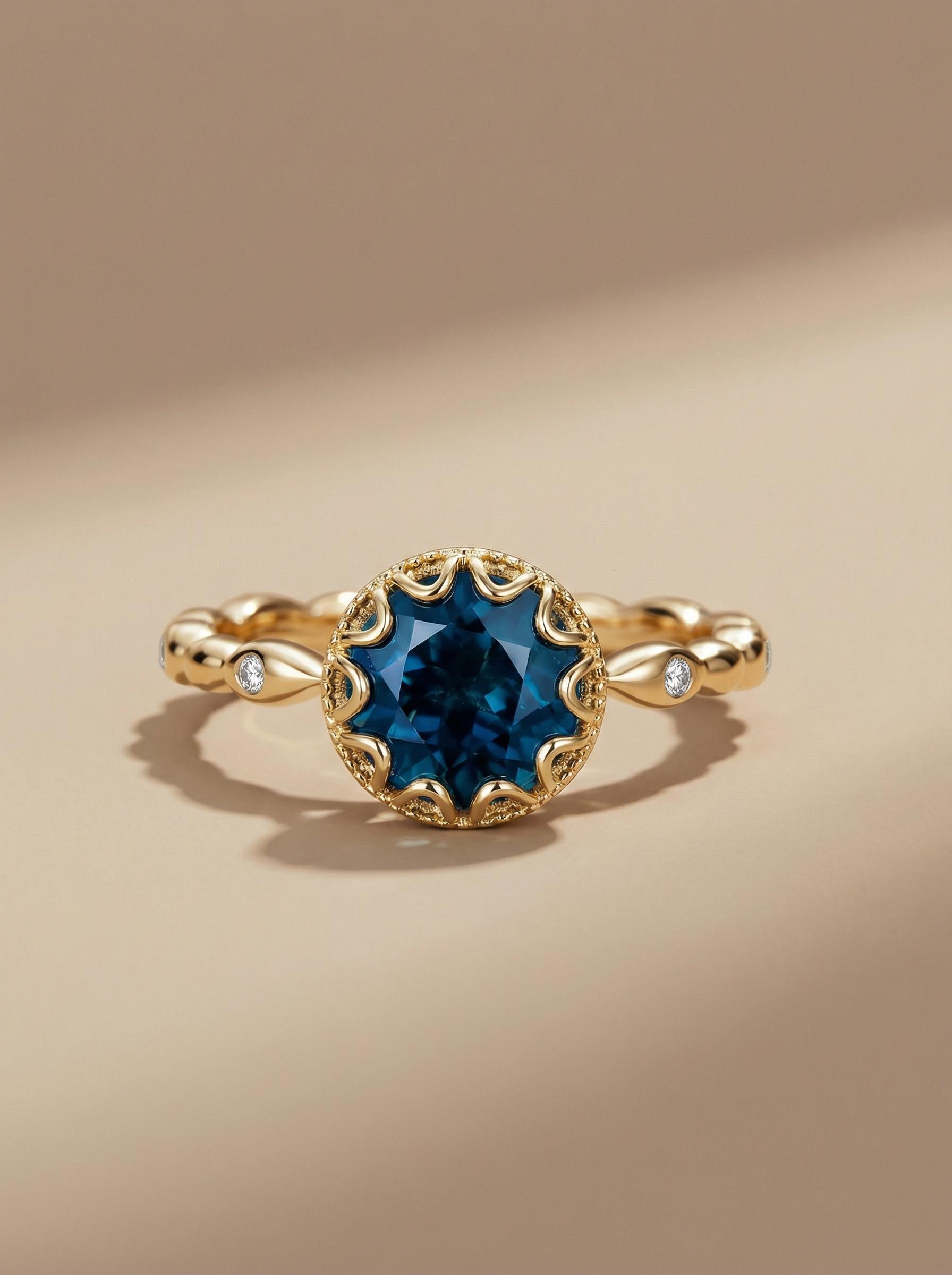 Sapphire Vintage Round Cut Ring, Rose Gold Antique Wedding Women's Ring, Art Deco Engagement Ring, September Birthstone Gift