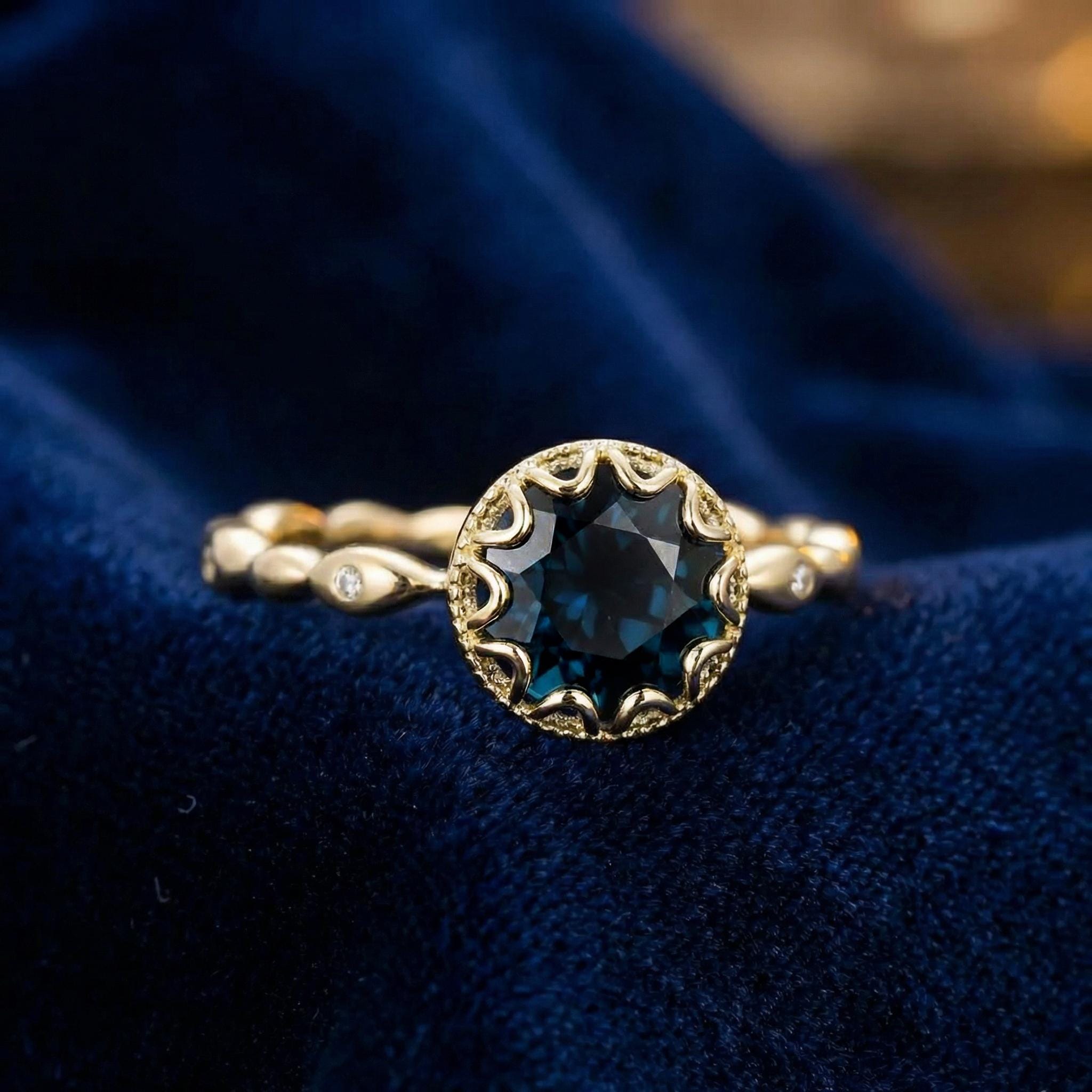 Sapphire Vintage Round Cut Ring, Rose Gold Antique Wedding Women's Ring, Art Deco Engagement Ring, September Birthstone Gift