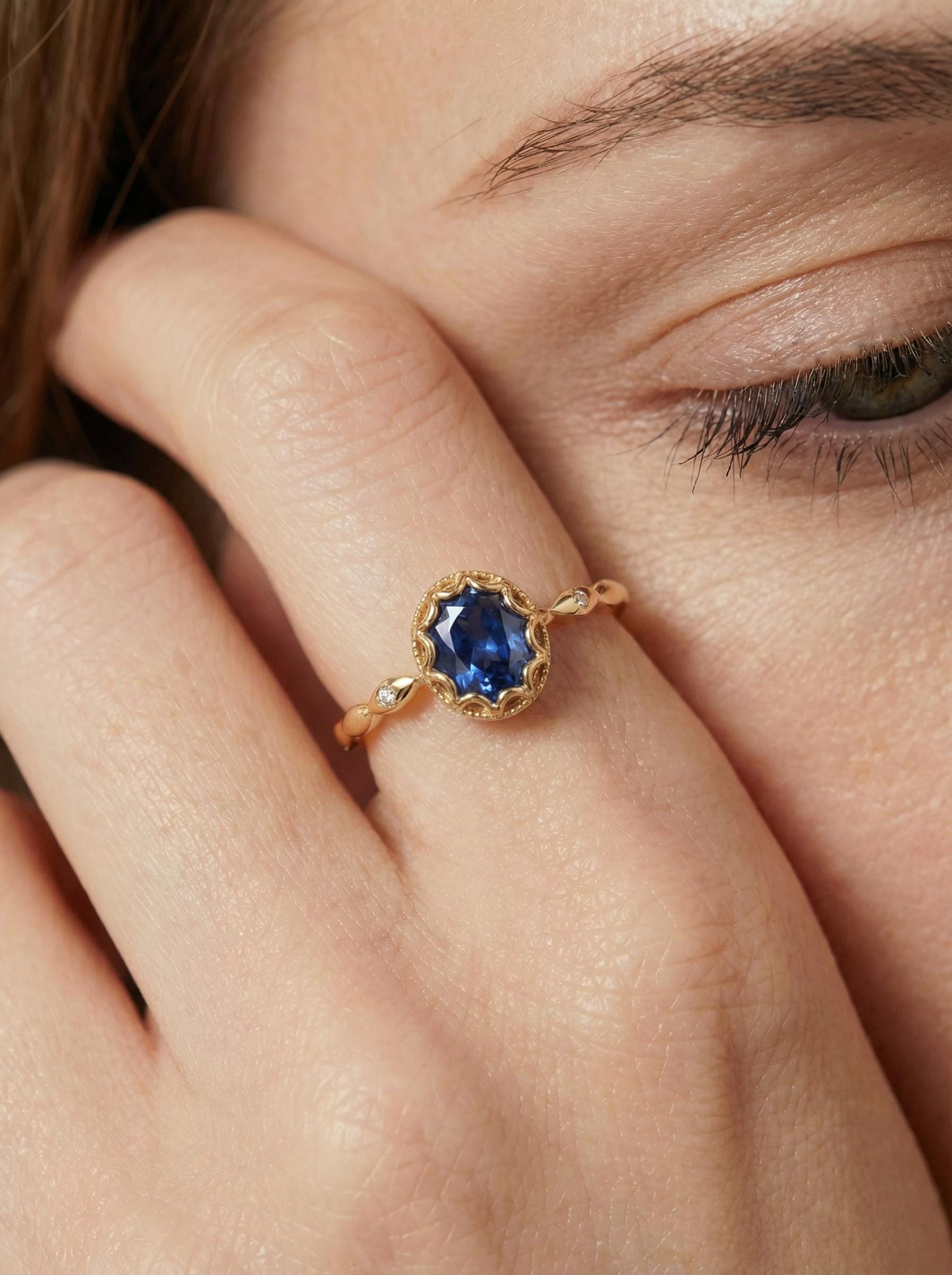 Vintage Oval Cut Blue Sapphire Ring, Rose Gold Antique Wedding Women's Ring, Art Deco Engagement Ring, Unique September Birthstone Ring