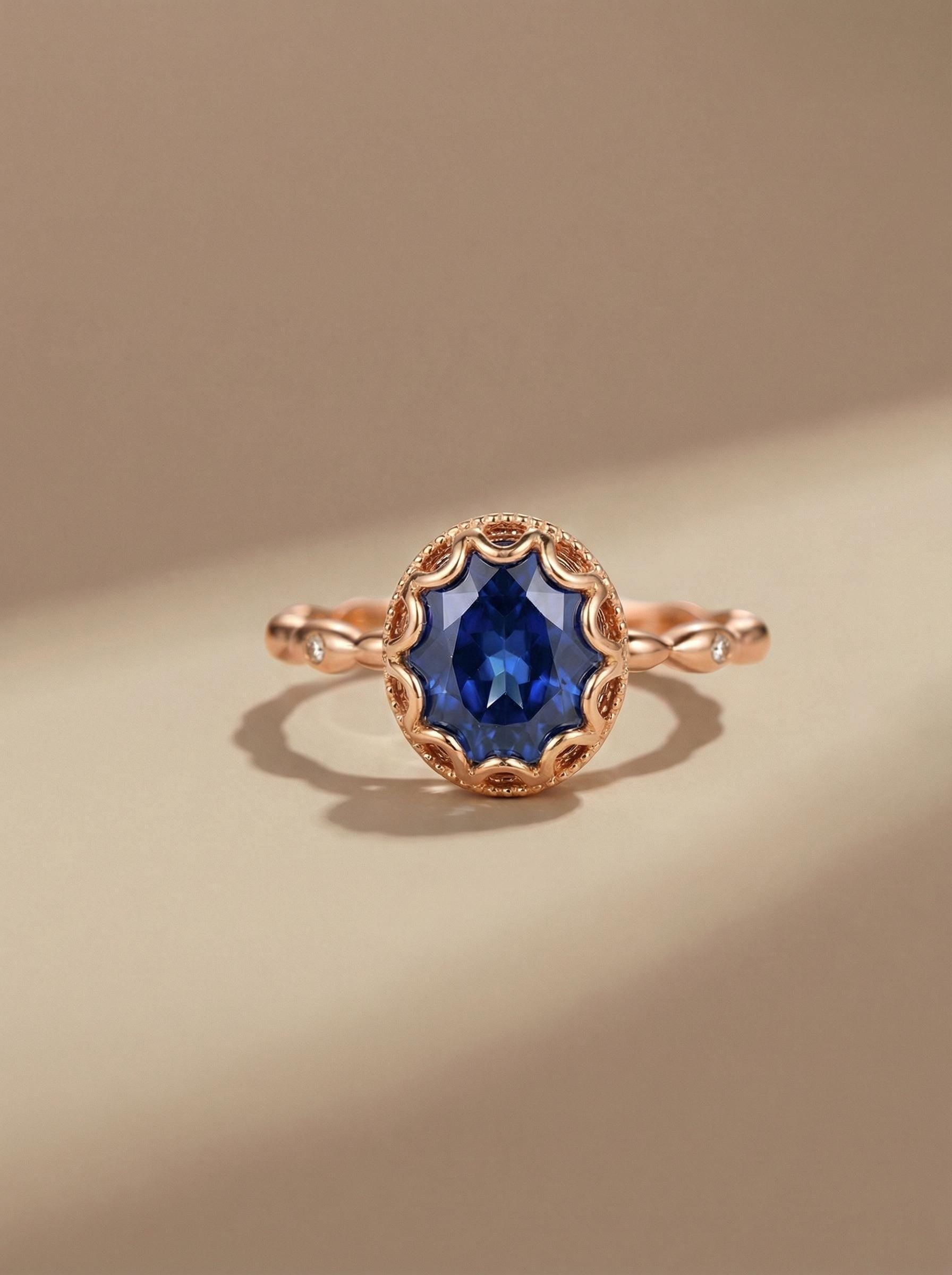 Vintage Oval Cut Blue Sapphire Ring, Rose Gold Antique Wedding Women's Ring, Art Deco Engagement Ring, Unique September Birthstone Ring