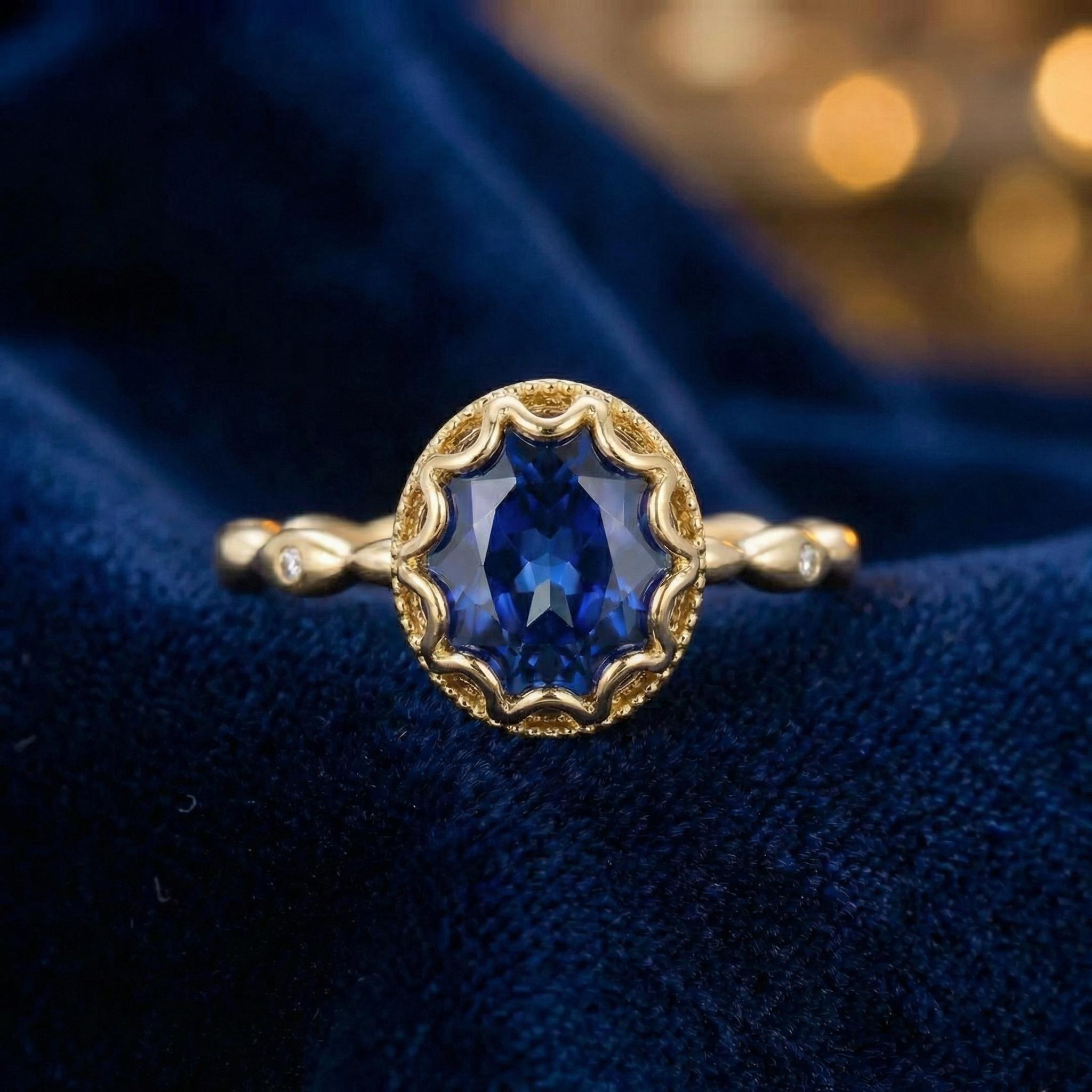 Vintage Oval Cut Blue Sapphire Ring, Rose Gold Antique Wedding Women's Ring, Art Deco Engagement Ring, Unique September Birthstone Ring