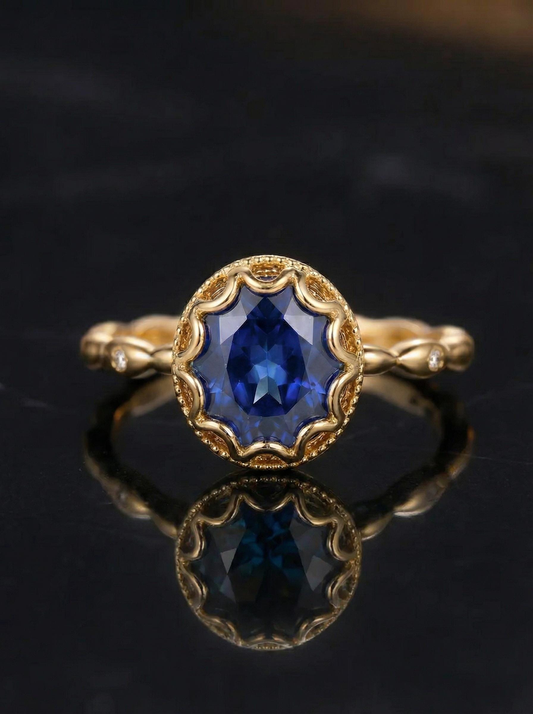 Vintage Oval Cut Blue Sapphire Ring, Rose Gold Antique Wedding Women's Ring, Art Deco Engagement Ring, Unique September Birthstone Ring