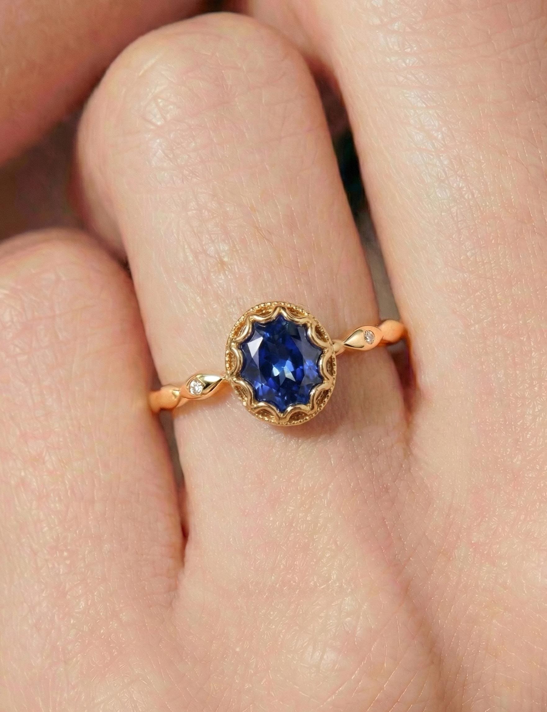 Vintage Oval Cut Blue Sapphire Ring, Rose Gold Antique Wedding Women's Ring, Art Deco Engagement Ring, Unique September Birthstone Ring