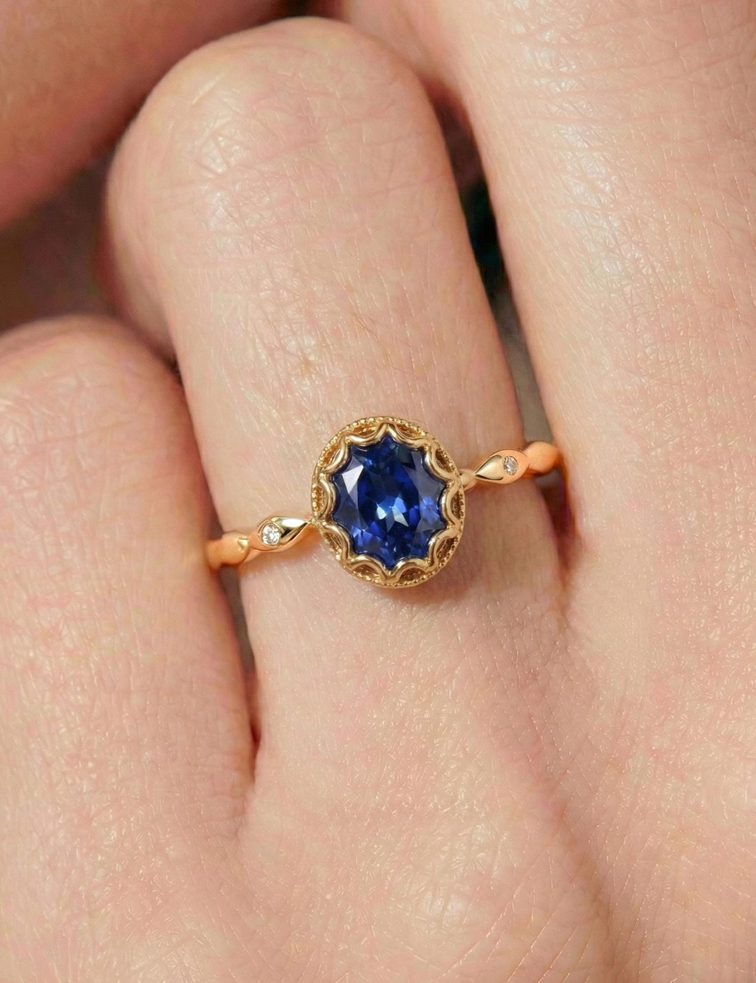 Vintage Oval Cut Blue Sapphire Ring, Rose Gold Antique Wedding Women's Ring, Art Deco Engagement Ring, Unique September Birthstone Ring