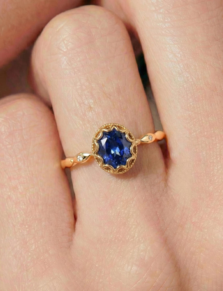 Vintage Oval Cut Blue Sapphire Ring, Rose Gold Antique Wedding Women's Ring, Art Deco Engagement Ring, Unique September Birthstone Ring