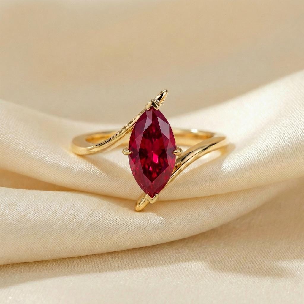 1.5ct Ruby Ring, Marquise Cut Emerald Solitaire, Curved Bypass Band, July Birthstone, 14K Gold Nature Inspired Ring