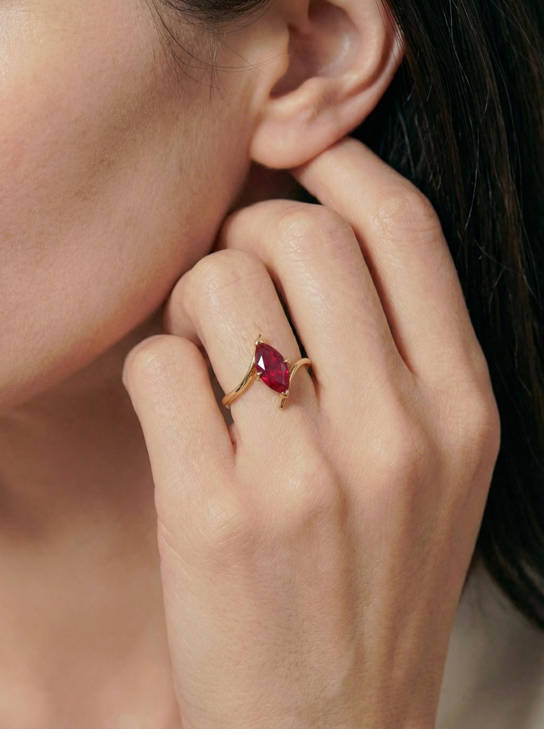 1.5ct Ruby Ring, Marquise Cut Emerald Solitaire, Curved Bypass Band, July Birthstone, 14K Gold Nature Inspired Ring