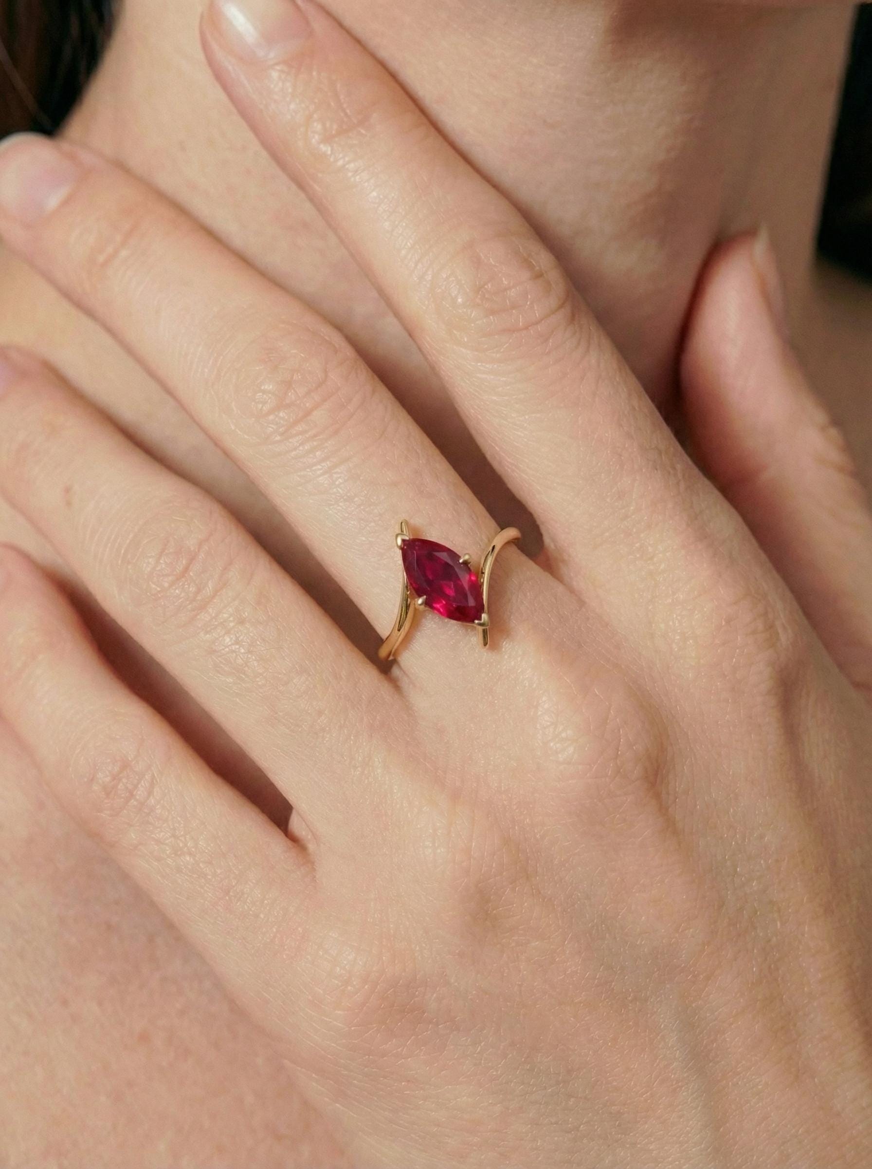 1.5ct Ruby Ring, Marquise Cut Emerald Solitaire, Curved Bypass Band, July Birthstone, 14K Gold Nature Inspired Ring