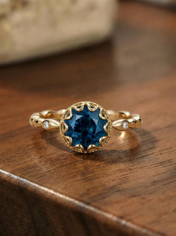 Sapphire Vintage Round Cut Ring, Rose Gold Antique Wedding Women's Ring, Art Deco Engagement Ring, September Birthstone Gift