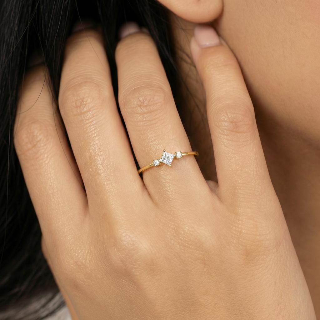 Minimalist White Moissanite Engagement Ring, Kite Set Princess Cut Promise Ring, Dainty Three Stone Ring