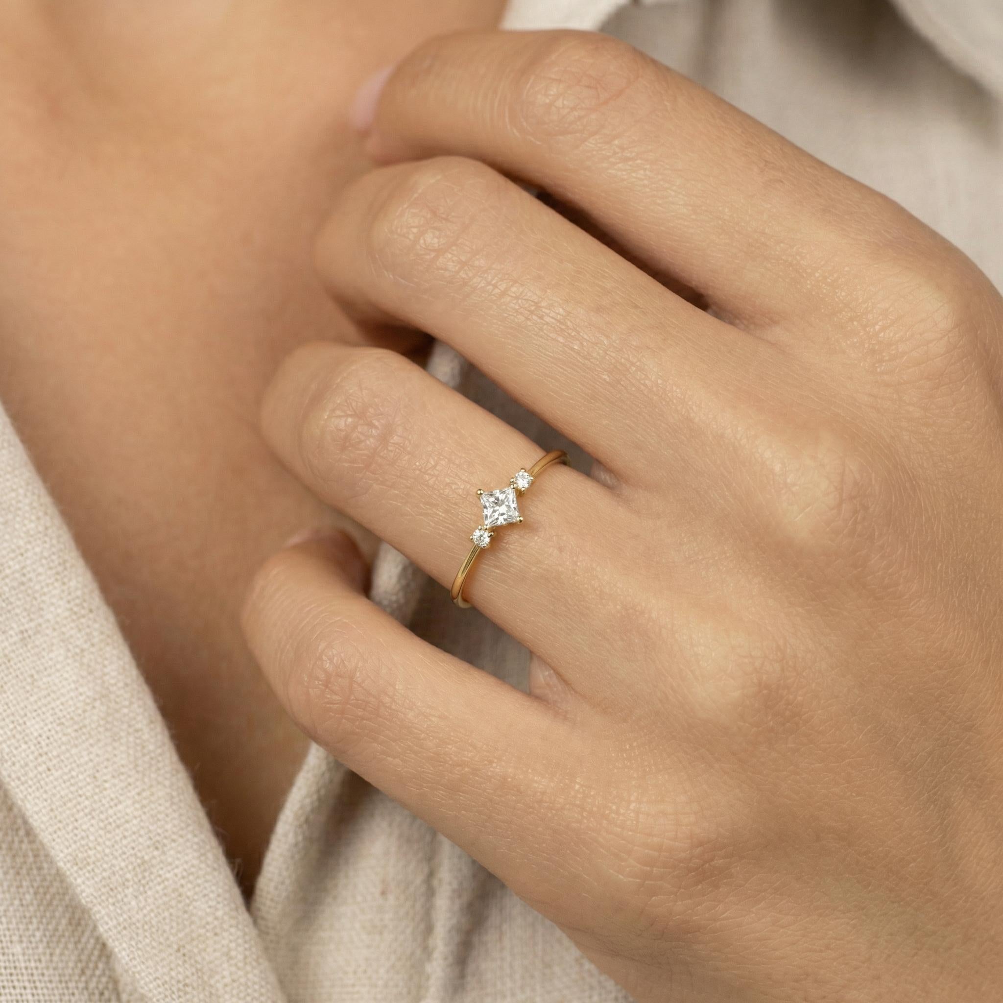 Minimalist White Moissanite Engagement Ring, Kite Set Princess Cut Promise Ring, Dainty Three Stone Ring