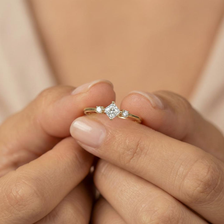 Minimalist White Moissanite Engagement Ring, Kite Set Princess Cut Promise Ring, Dainty Three Stone Ring