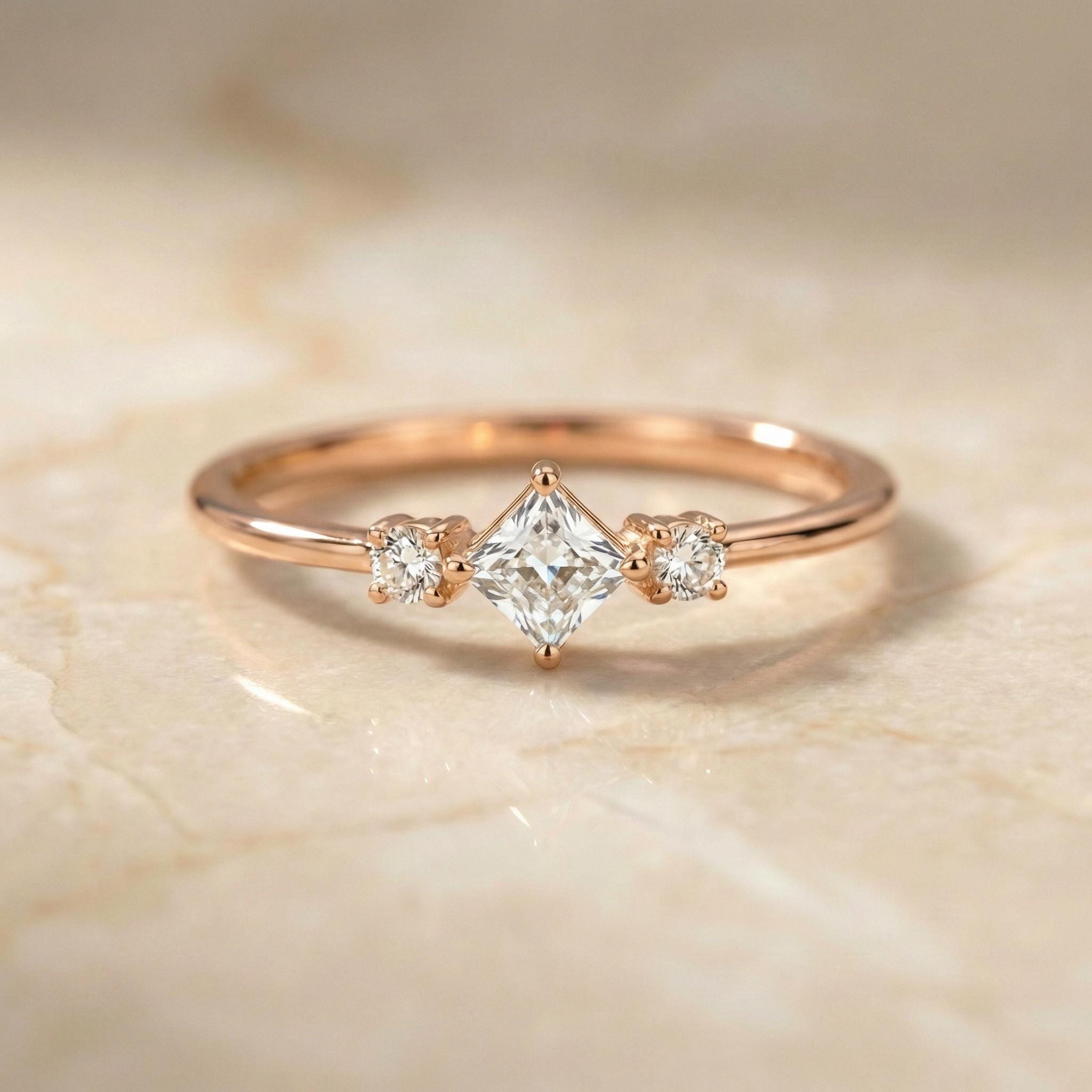 Minimalist White Moissanite Engagement Ring, Kite Set Princess Cut Promise Ring, Dainty Three Stone Ring