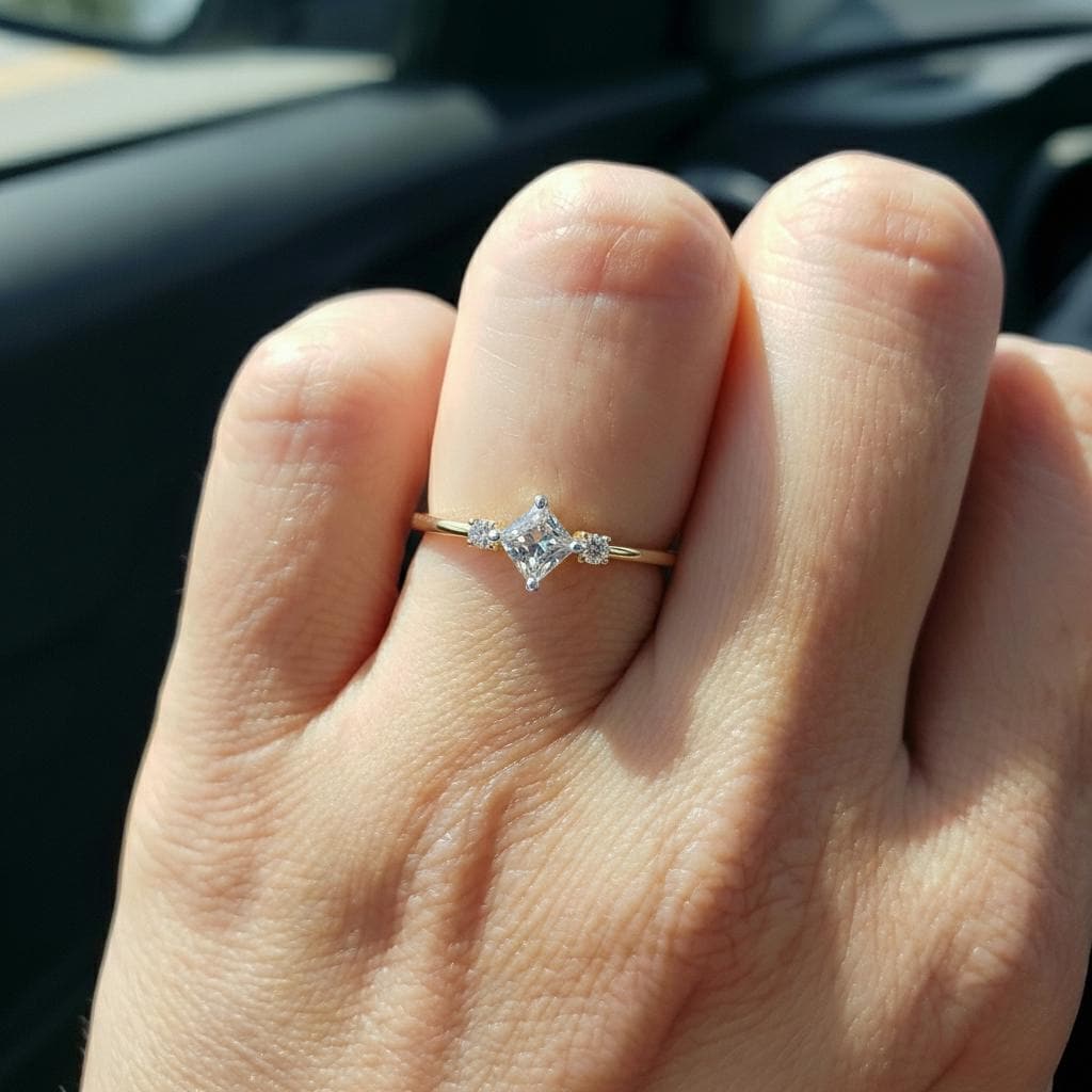 Simulated Diamond Kite Engagement Ring, Three Stone Art Deco Ring, Dainty Minimalist Promise Ring, Bridal Anniversary Gift for Her