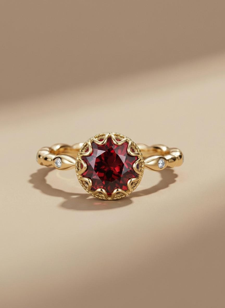 Garnet Ring, Vintage Round Cut Garnet Ring, Rose Gold Antique Wedding Women's Ring, Art Deco Engagement Ring, January Birthstone Ring