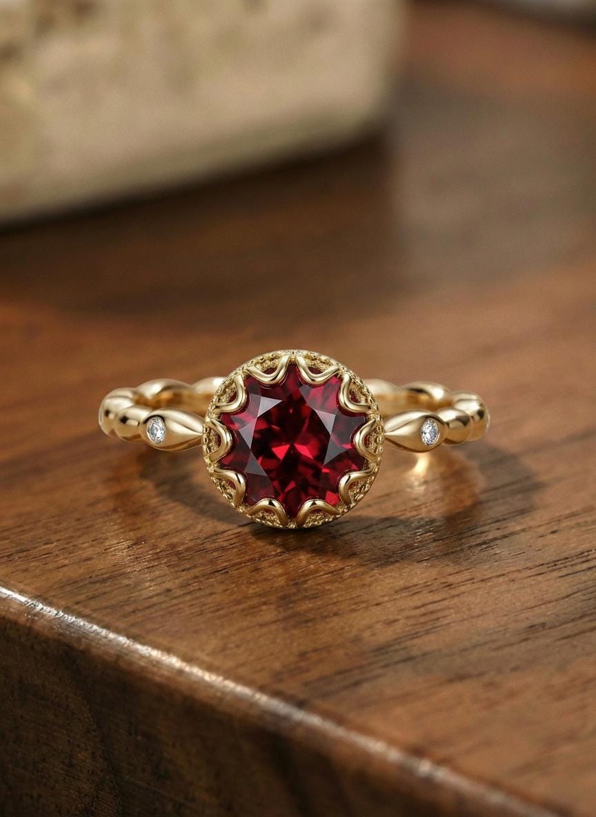 Garnet Ring, Vintage Round Cut Garnet Ring, Rose Gold Antique Wedding Women's Ring, Art Deco Engagement Ring, January Birthstone Ring