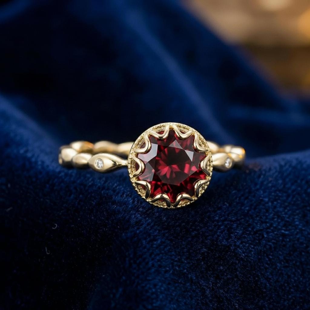 Garnet Ring, Vintage Round Cut Garnet Ring, Rose Gold Antique Wedding Women's Ring, Art Deco Engagement Ring, January Birthstone Ring