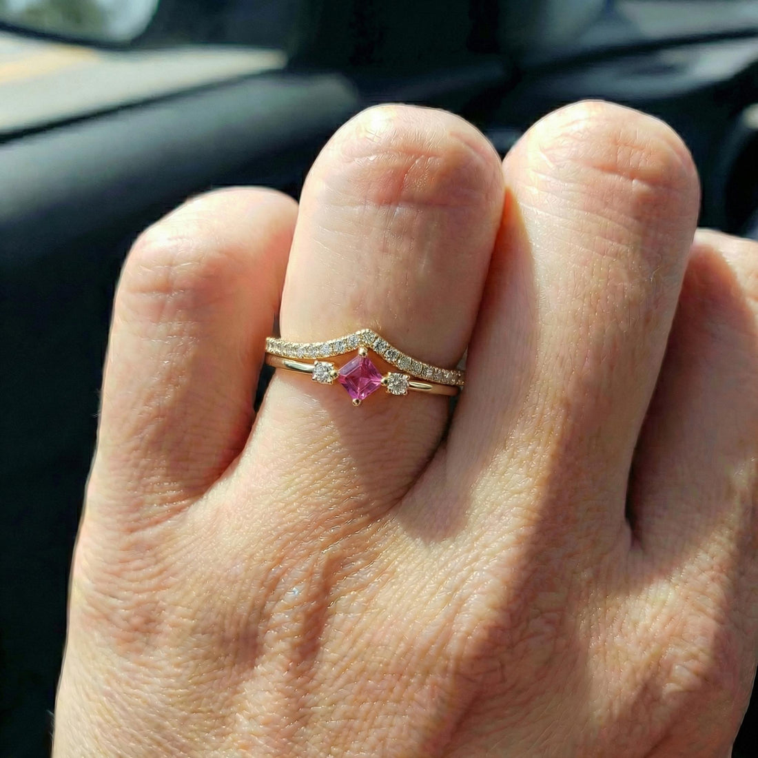 Princess Cut Pink Sapphire Engagement Ring, Three Stone Promise Ring, Dainty Art Deco Ring, September Birthstone Jewelry for Her
