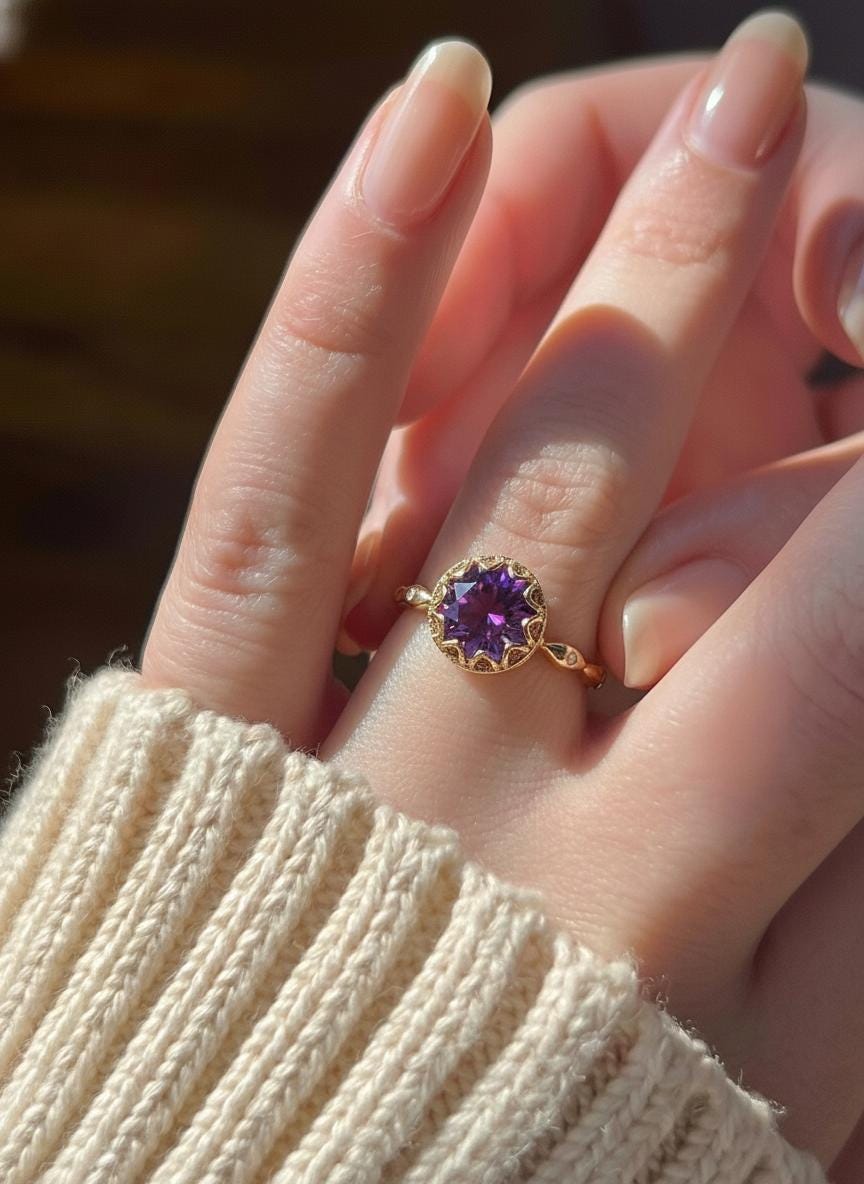 1ct - 2ct Amethyst Ring, Vintage Round Cut Amethyst Ring, Antique Wedding Women's Ring, Art Deco Engagement Ring, February Birthstone