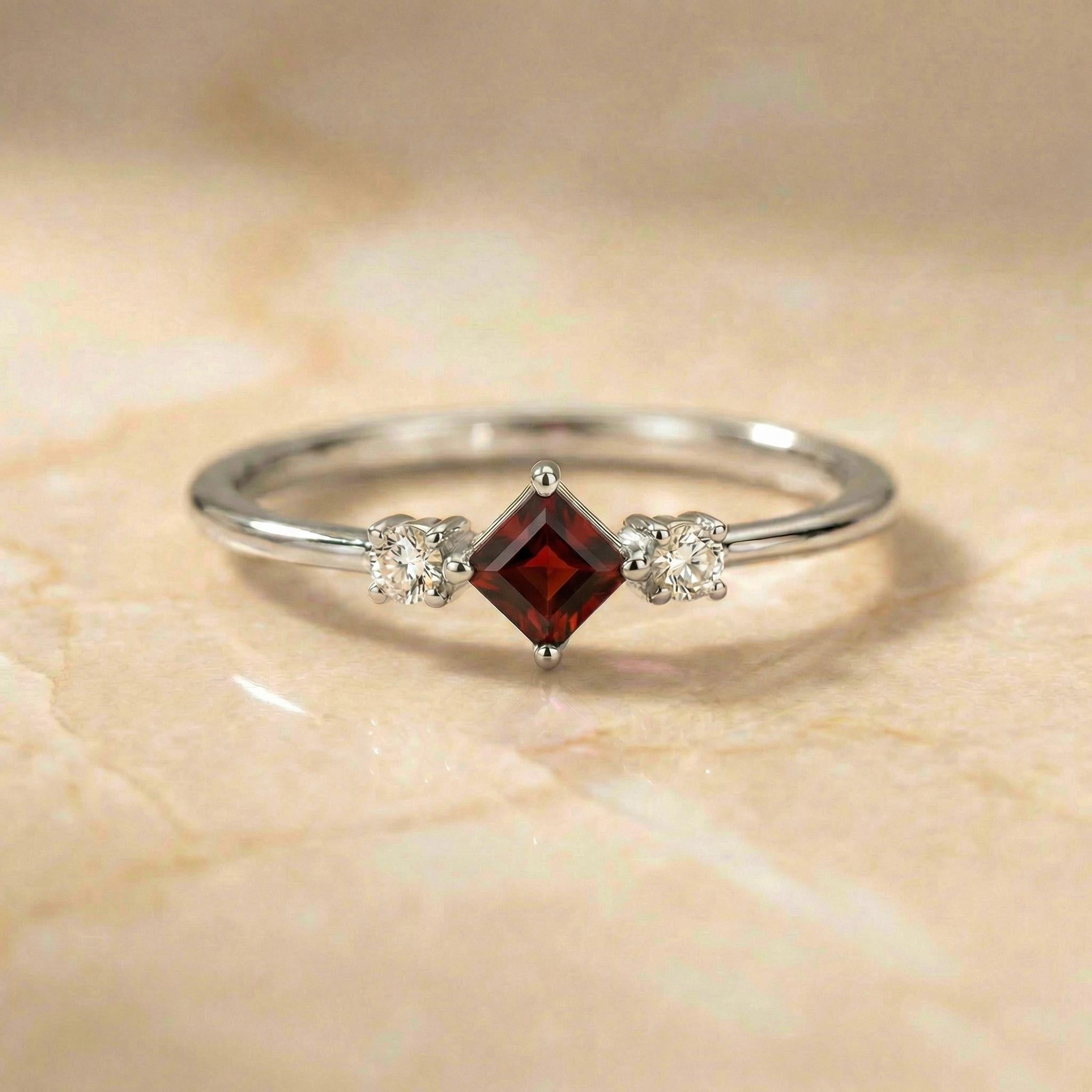 Garnet Promise Ring, January Birthstone Jewelry, Kite Cut Engagement Ring, Minimalist Three Stone Band, Dainty Gold Ring