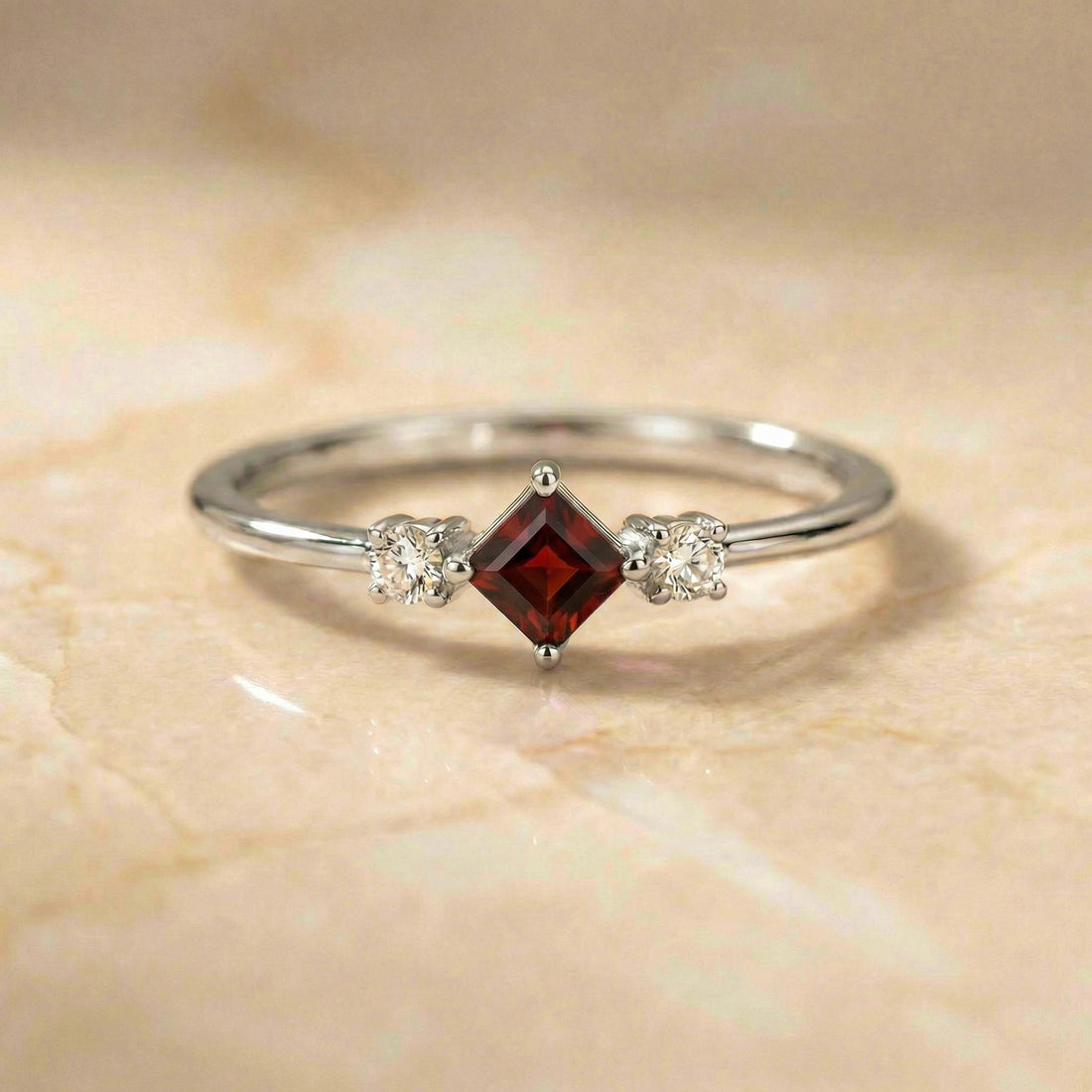 Garnet Promise Ring, January Birthstone Jewelry, Kite Cut Engagement Ring, Minimalist Three Stone Band, Dainty Gold Ring