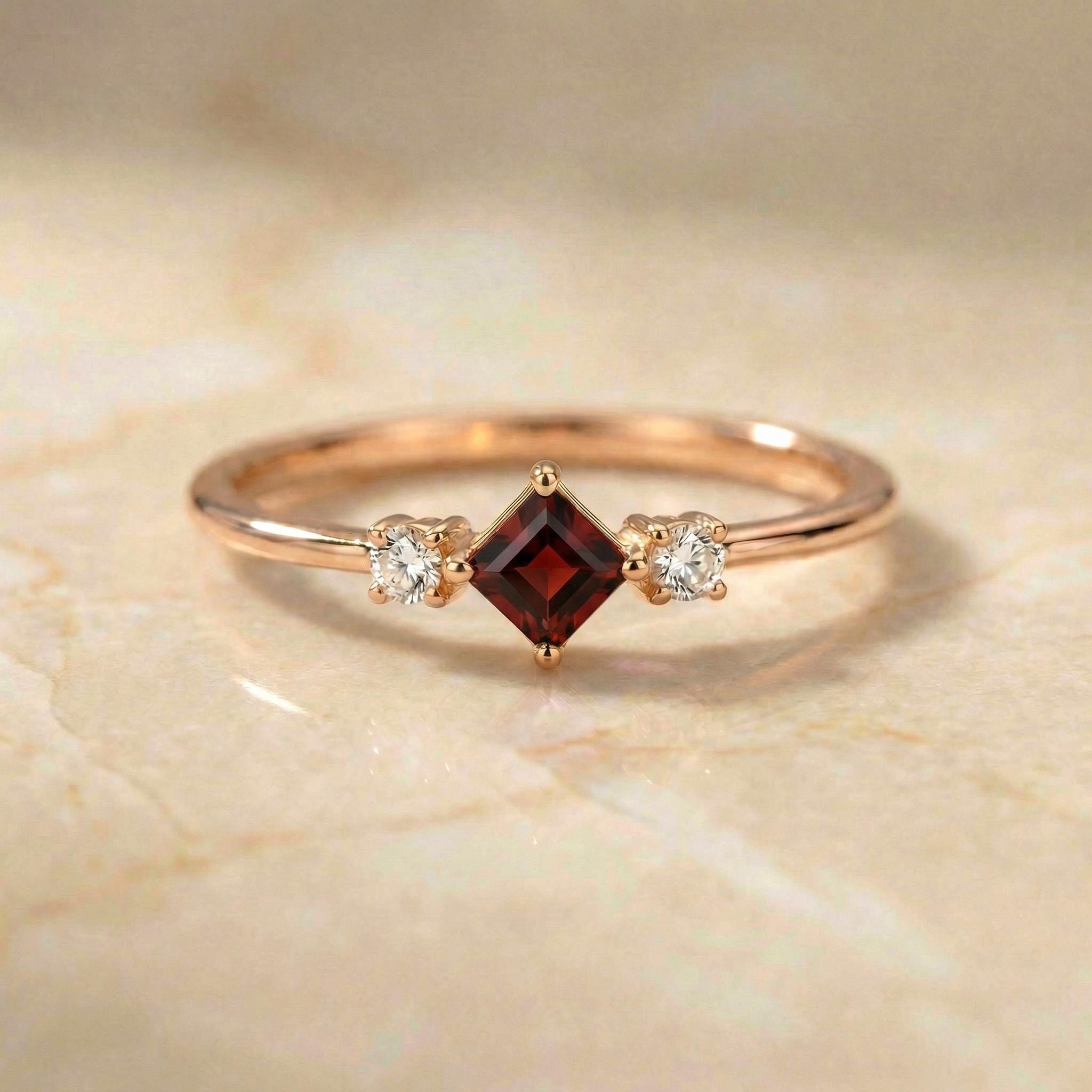 Garnet Promise Ring, January Birthstone Jewelry, Kite Cut Engagement Ring, Minimalist Three Stone Band, Dainty Gold Ring