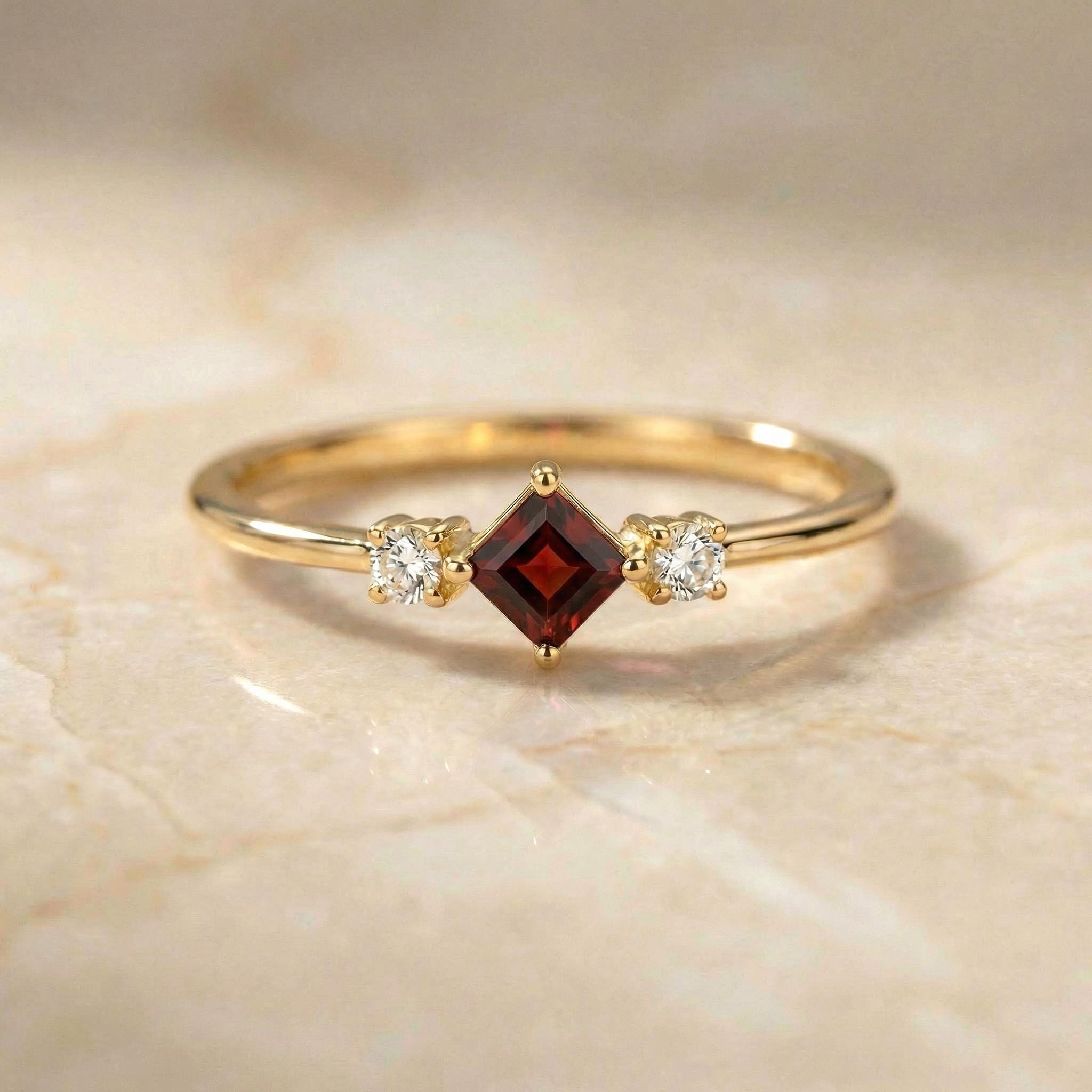 Garnet Promise Ring, January Birthstone Jewelry, Kite Cut Engagement Ring, Minimalist Three Stone Band, Dainty Gold Ring