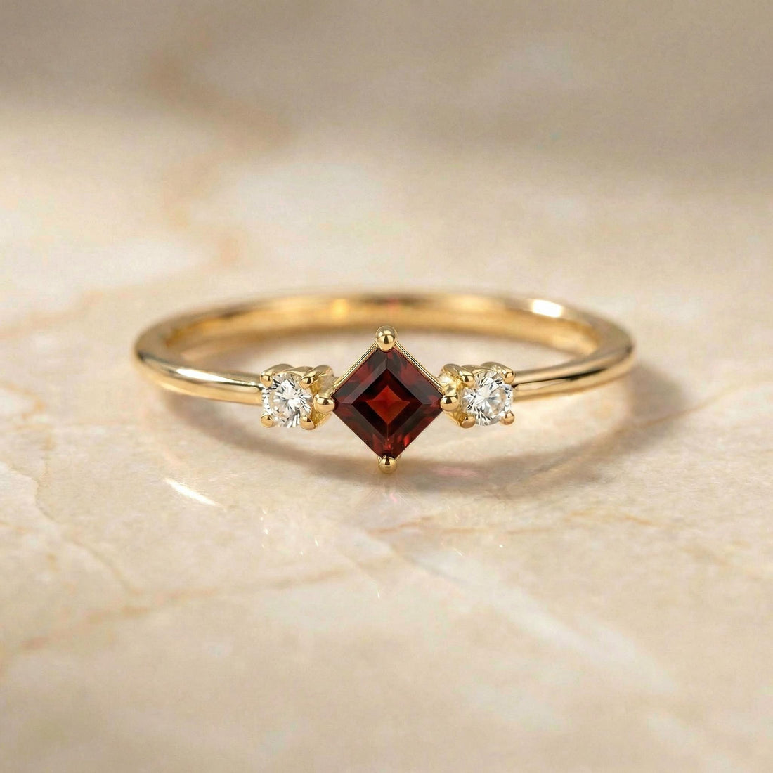 Garnet Promise Ring, January Birthstone Jewelry, Kite Cut Engagement Ring, Minimalist Three Stone Band, Dainty Gold Ring