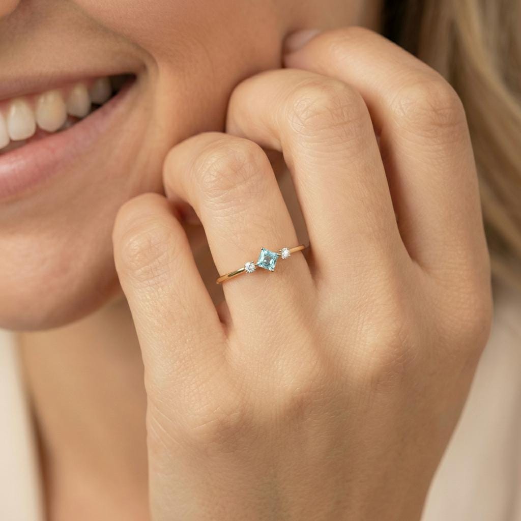 Princess Cut Aquamarine Ring March Birthstone Promise Ring Minimalist Three Stone Engagement Ring Dainty Light Blue Gemstone Jewelry