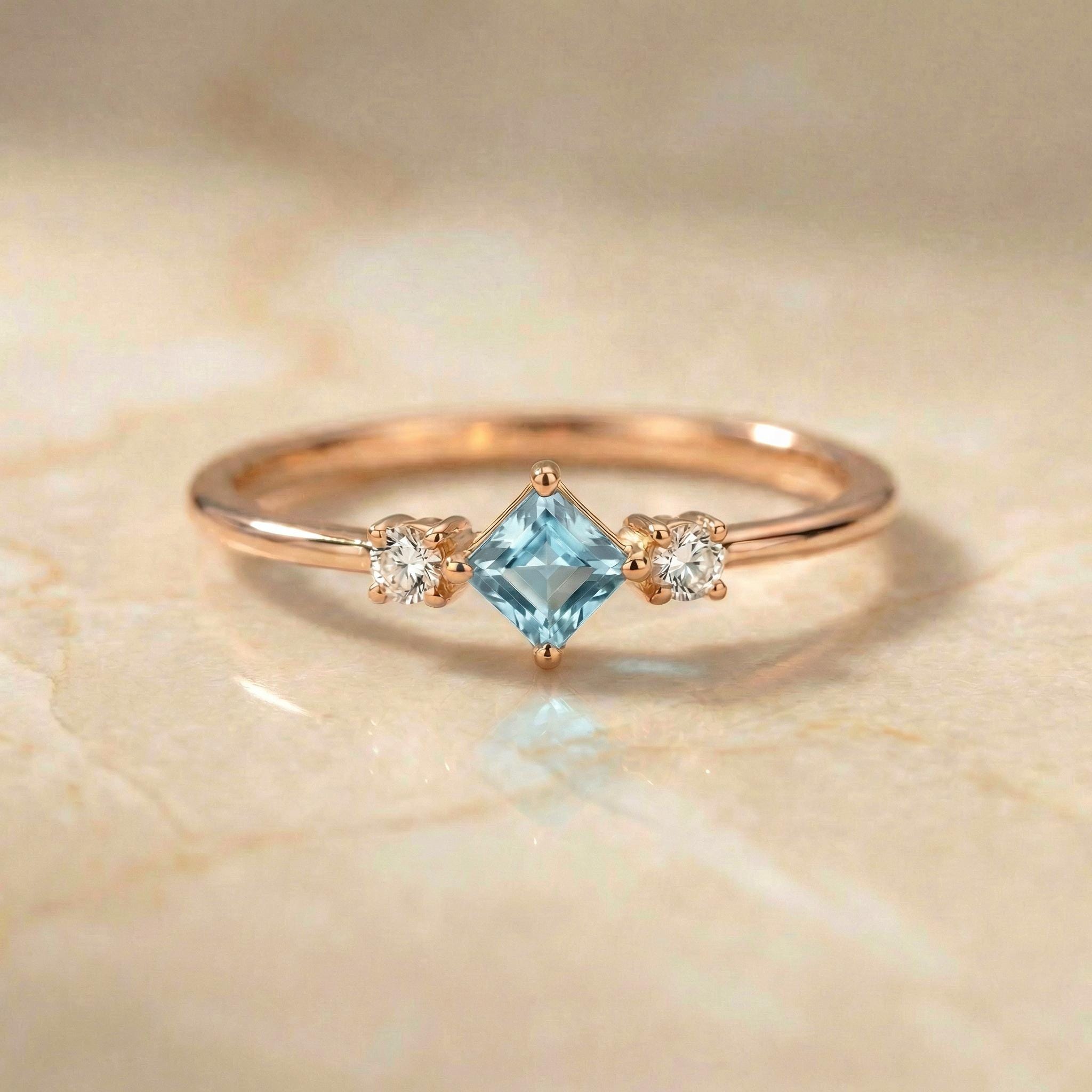 Princess Cut Aquamarine Ring March Birthstone Promise Ring Minimalist Three Stone Engagement Ring Dainty Light Blue Gemstone Jewelry