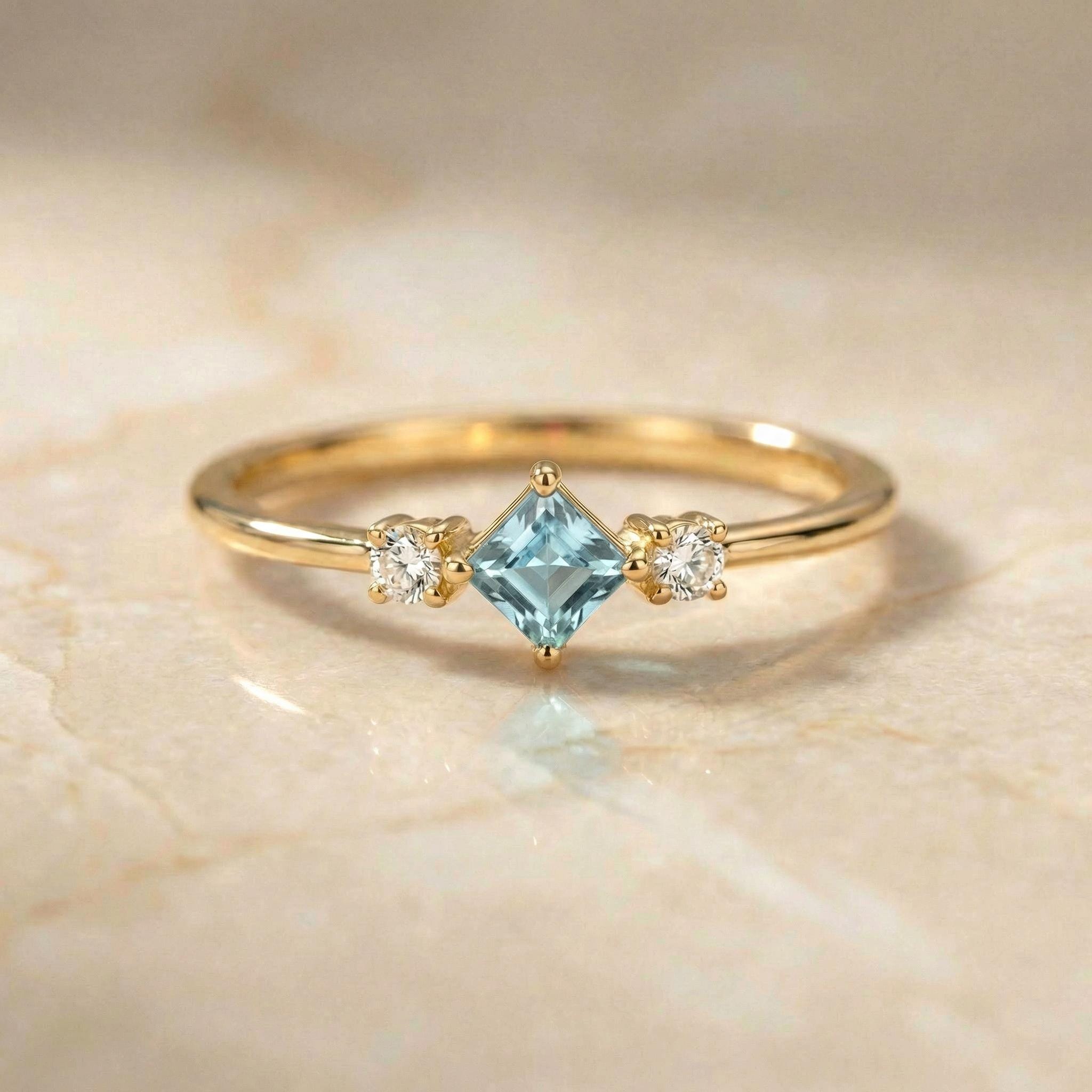 Princess Cut Aquamarine Ring March Birthstone Promise Ring Minimalist Three Stone Engagement Ring Dainty Light Blue Gemstone Jewelry