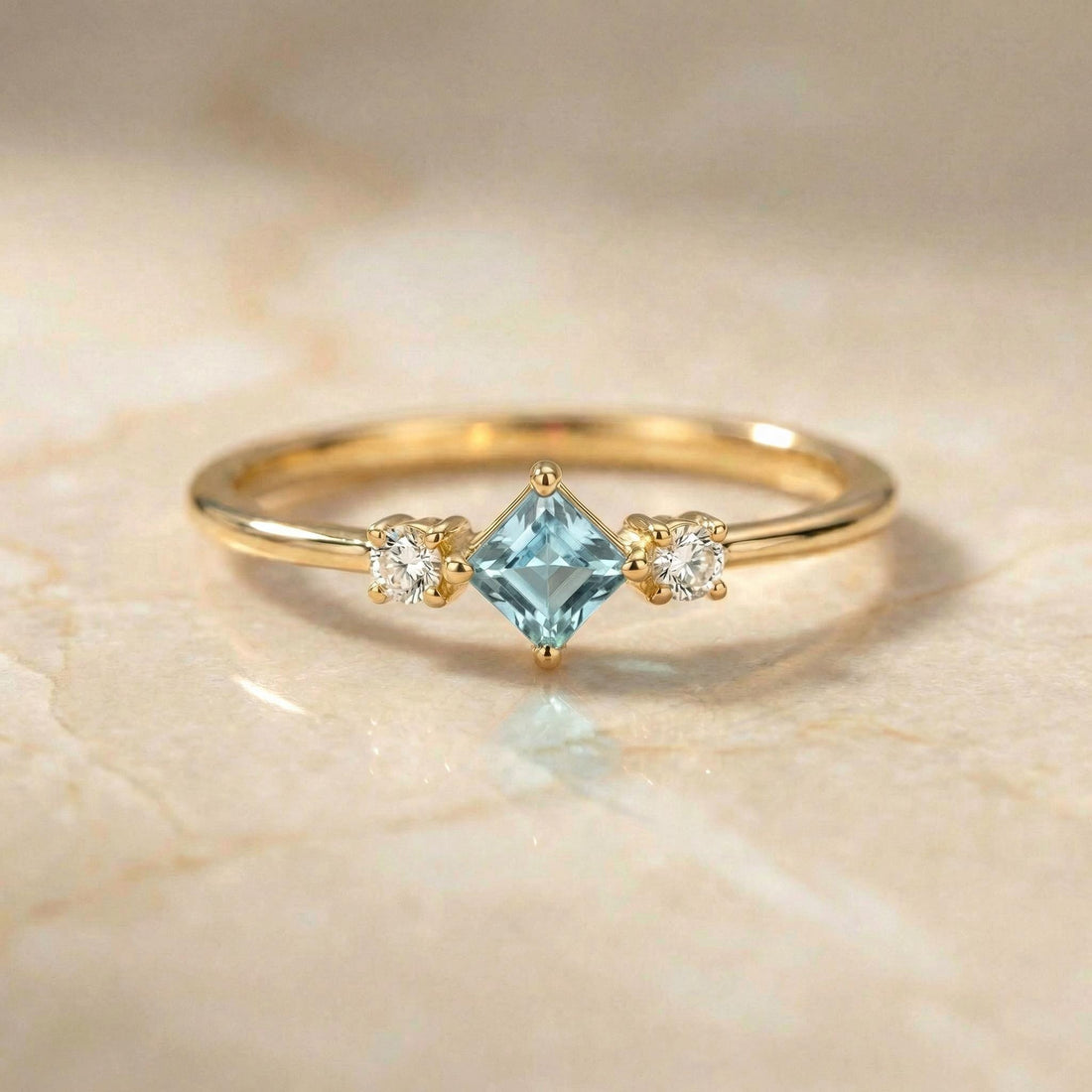 Princess Cut Aquamarine Ring March Birthstone Promise Ring Minimalist Three Stone Engagement Ring Dainty Light Blue Gemstone Jewelry