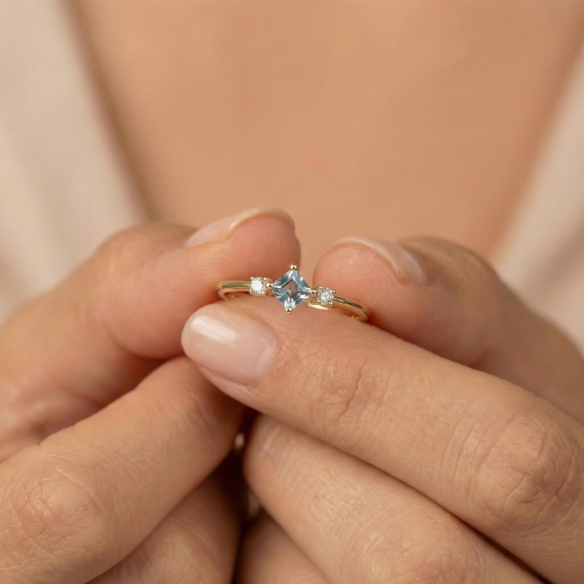 Princess Cut Aquamarine Ring March Birthstone Promise Ring Minimalist Three Stone Engagement Ring Dainty Light Blue Gemstone Jewelry