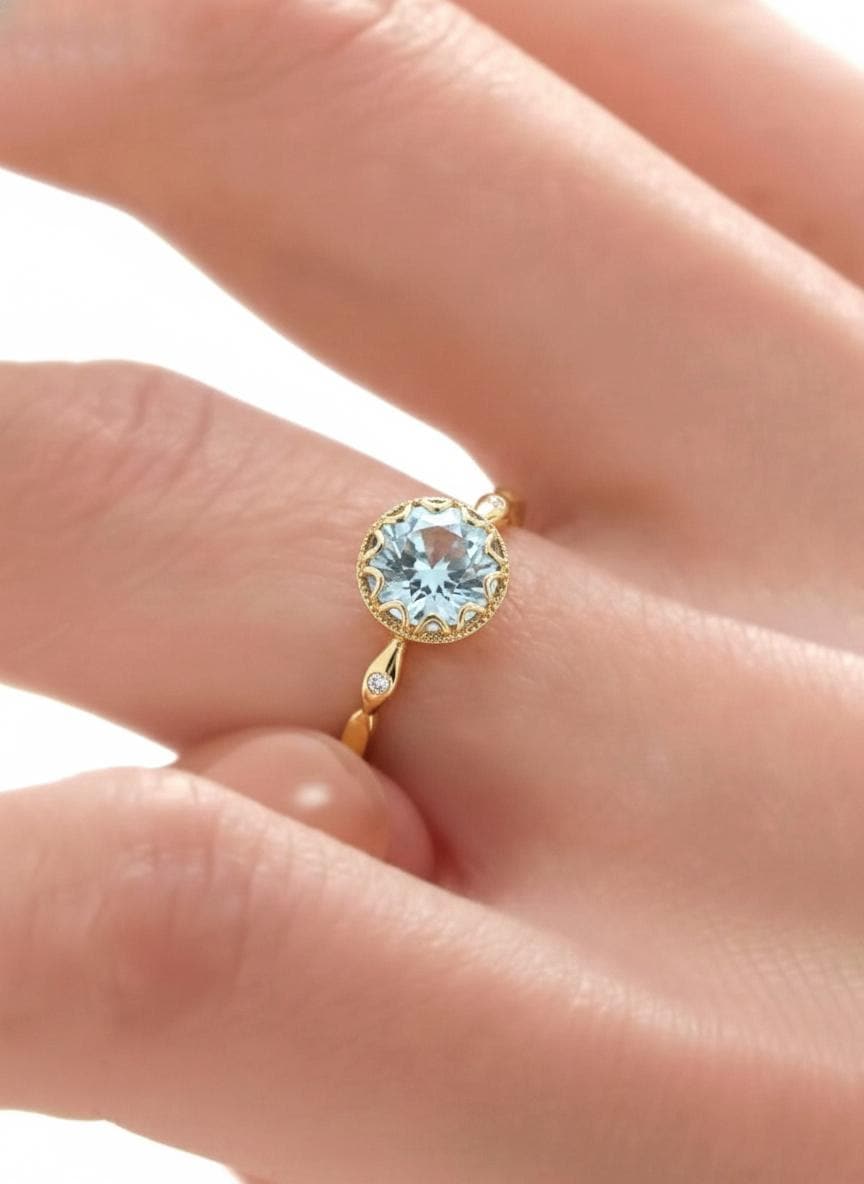 1ct - 2ct Aquamarine Solid Gold Ring, Vintage Round Cut Aquamarine Ring, Antique Wedding Women's Ring, Art Deco Engagement Ring