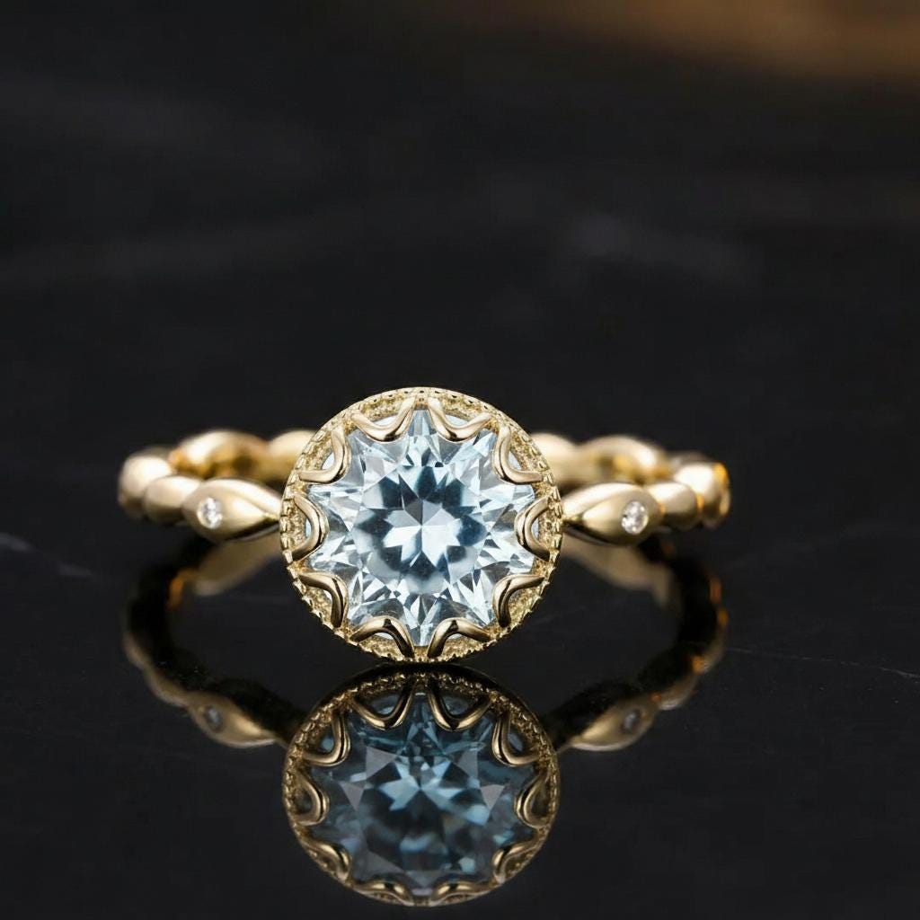 1ct - 2ct Aquamarine Solid Gold Ring, Vintage Round Cut Aquamarine Ring, Antique Wedding Women's Ring, Art Deco Engagement Ring