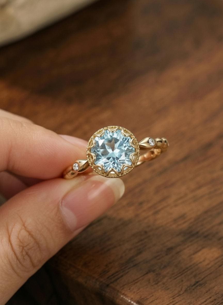 1ct - 2ct Aquamarine Solid Gold Ring, Vintage Round Cut Aquamarine Ring, Antique Wedding Women's Ring, Art Deco Engagement Ring