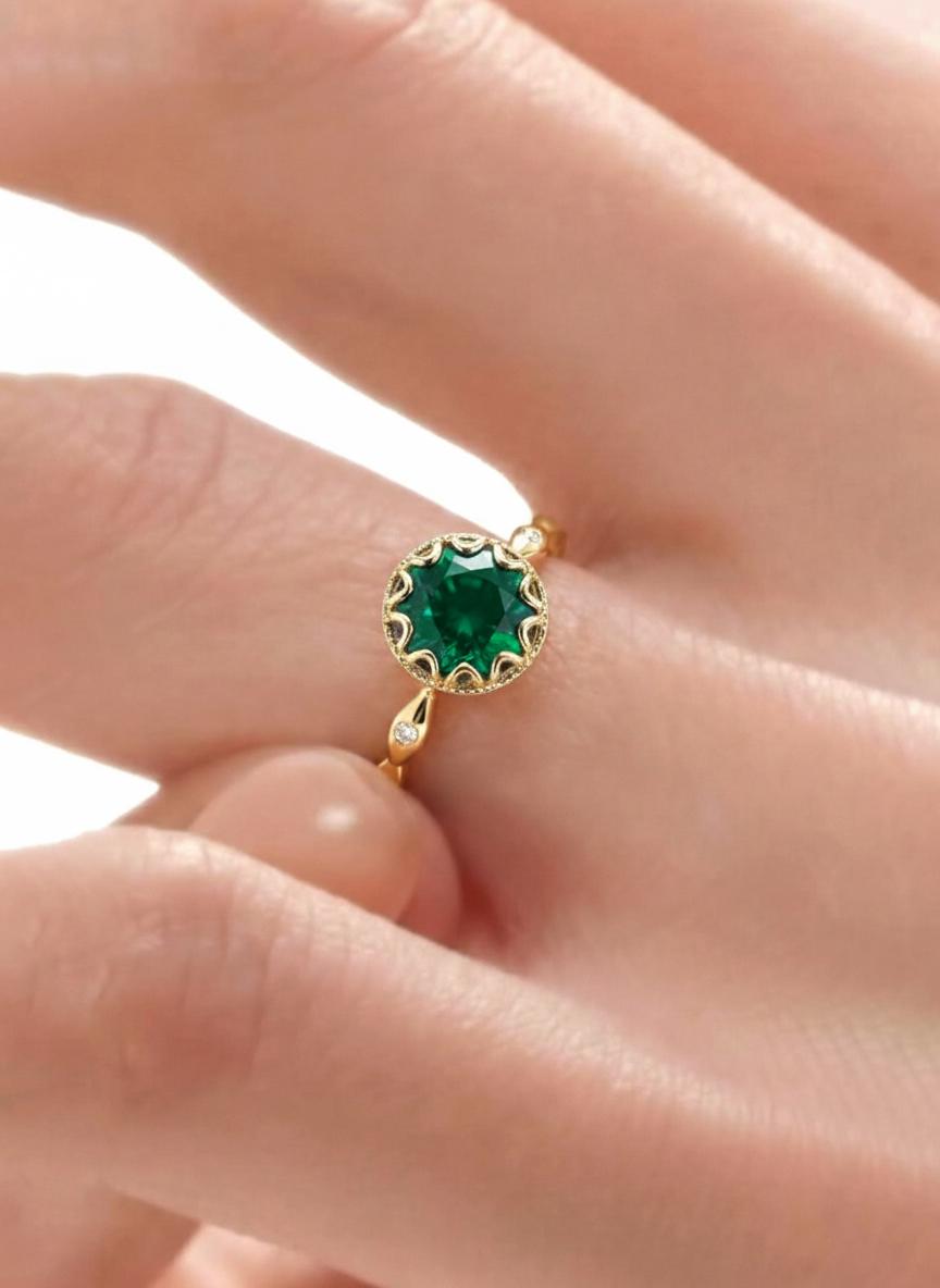 1ct - 2ct Emerald Ring, Vintage Round Cut Emerald Ring, Antique Wedding Women's Ring, Art Deco Engagement Ring, May Birthstone Ring