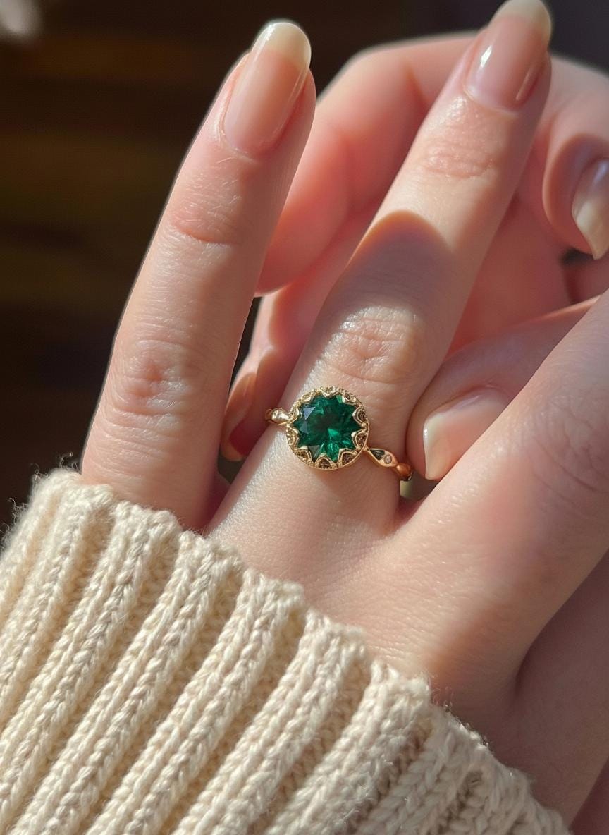 1ct - 2ct Emerald Ring, Vintage Round Cut Emerald Ring, Antique Wedding Women's Ring, Art Deco Engagement Ring, May Birthstone Ring