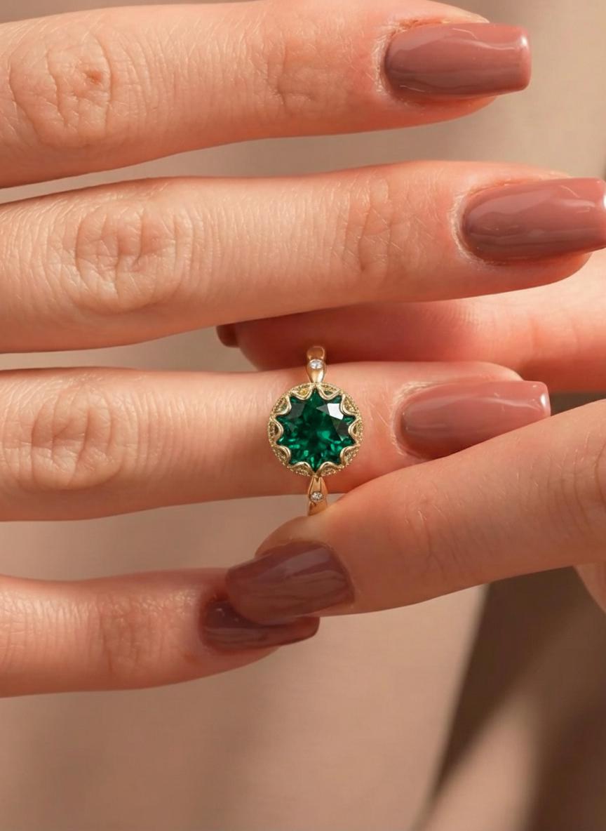 1ct - 2ct Emerald Ring, Vintage Round Cut Emerald Ring, Antique Wedding Women's Ring, Art Deco Engagement Ring, May Birthstone Ring