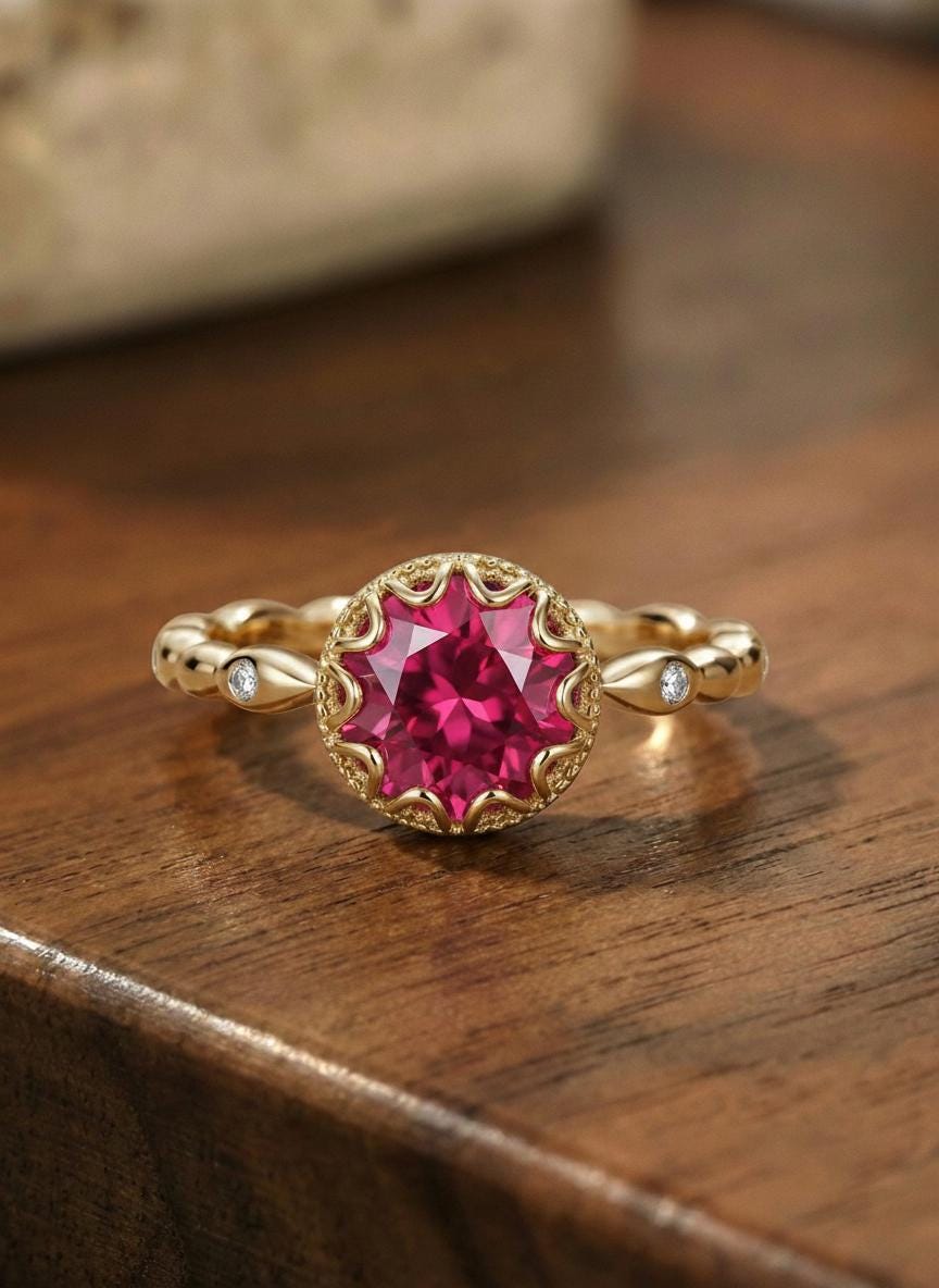 1ct - 2ct Ruby Ring, Vintage Round Cut Ruby Ring, Antique Wedding Women's Ring, Art Deco Engagement Ring, July Birthstone Ring