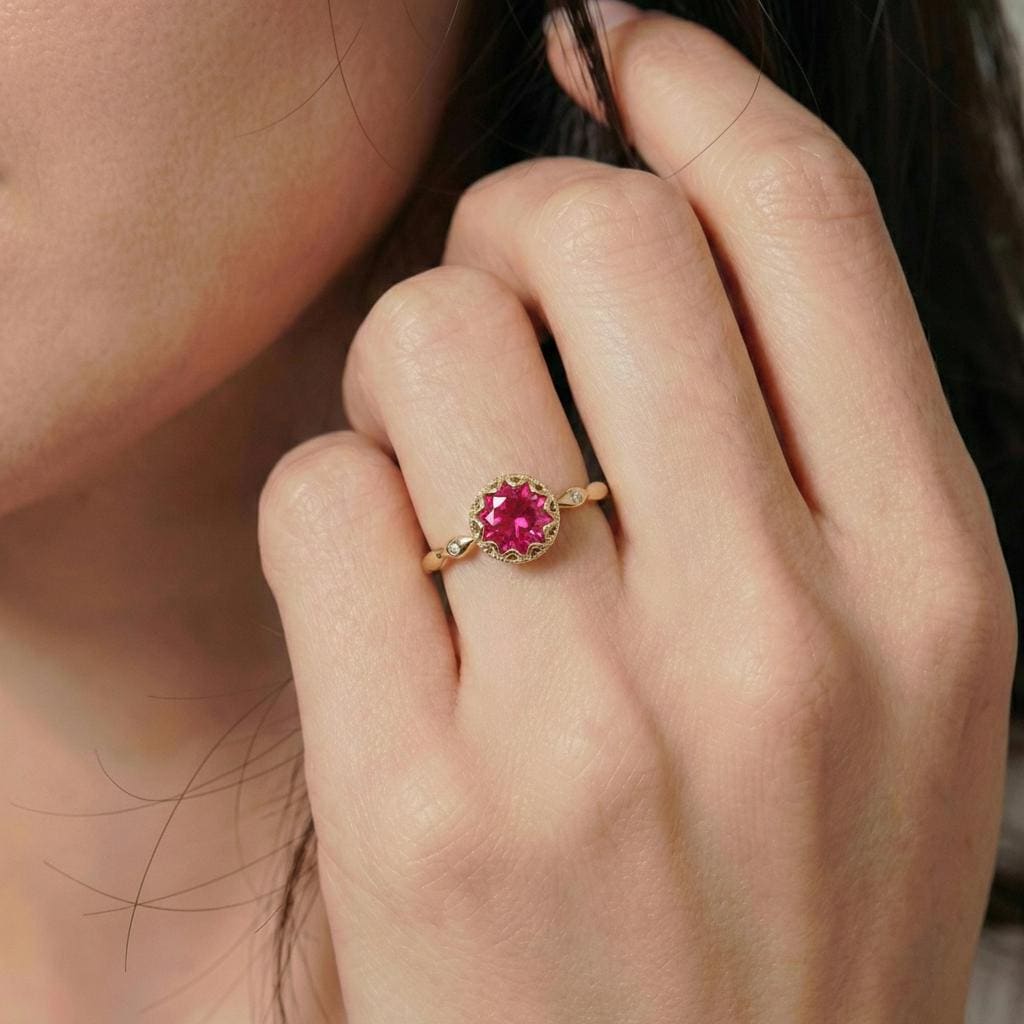 1ct - 2ct Ruby Ring, Vintage Round Cut Ruby Ring, Antique Wedding Women's Ring, Art Deco Engagement Ring, July Birthstone Ring